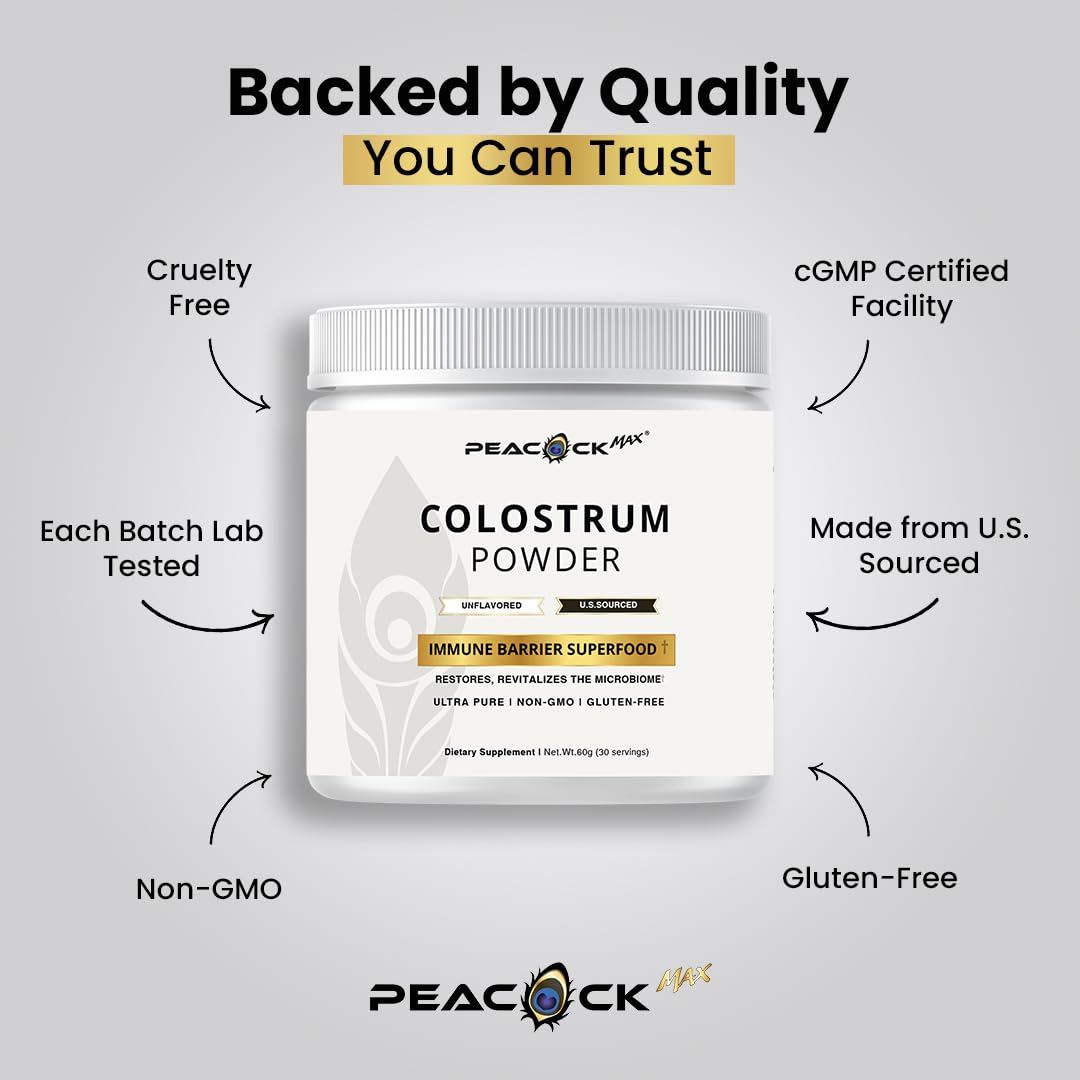 Peacock Max Colostrum Powder – 60g (30 Servings), Unflavored Bovine Colostrum Supplement, Superfood for Hair, Skin & Gut Health, Gluten-Free, Non-GMO Peacock Max buy supplements canada