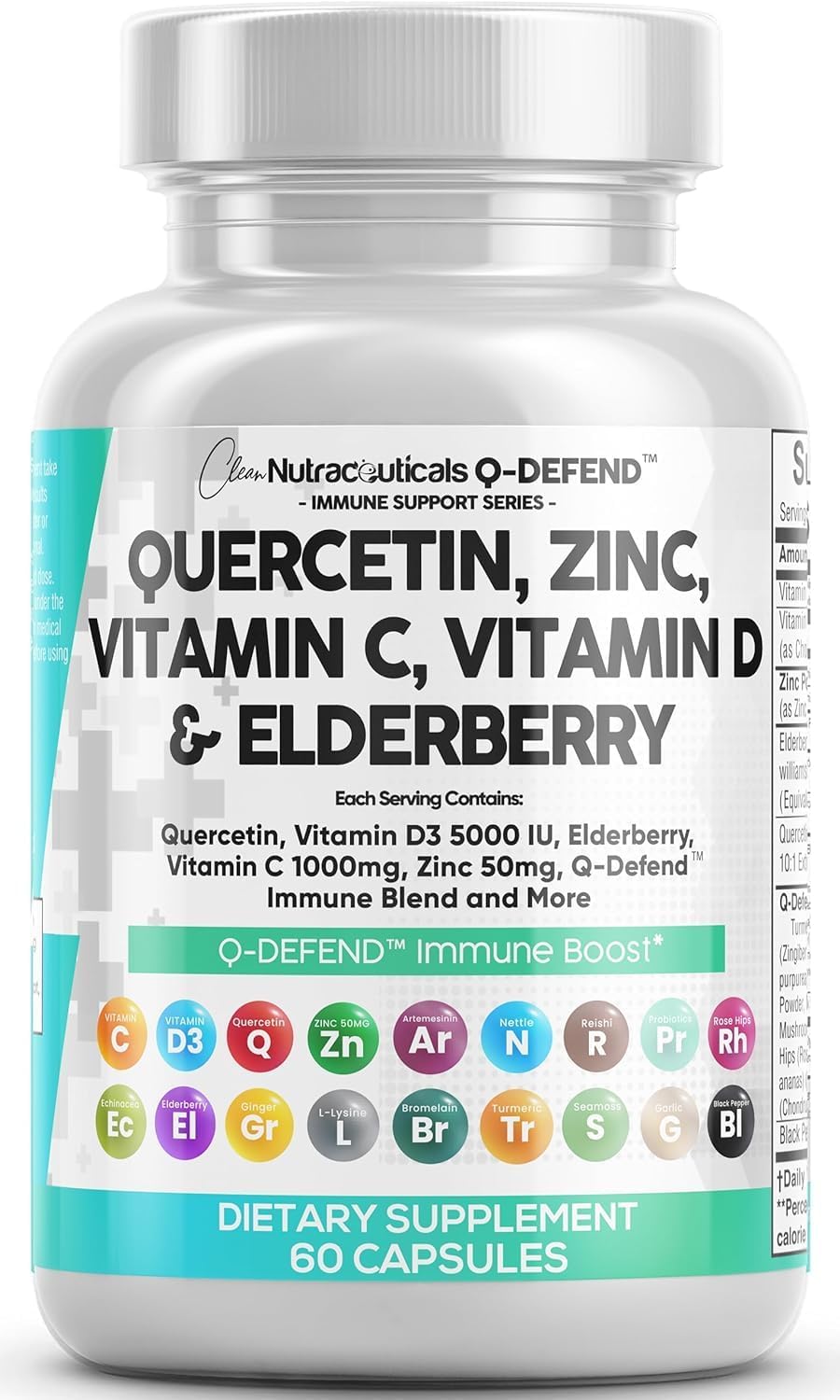 Q Defend Quercetin Supplement with Zinc Vitamin C Vitamin D Elderberry Turmeric Black Pepper Garlic Ginger Sea Moss Lysine Stinging Nettle Reishi Mushroom Immune Clean Nutraceuticals buy supplements canada