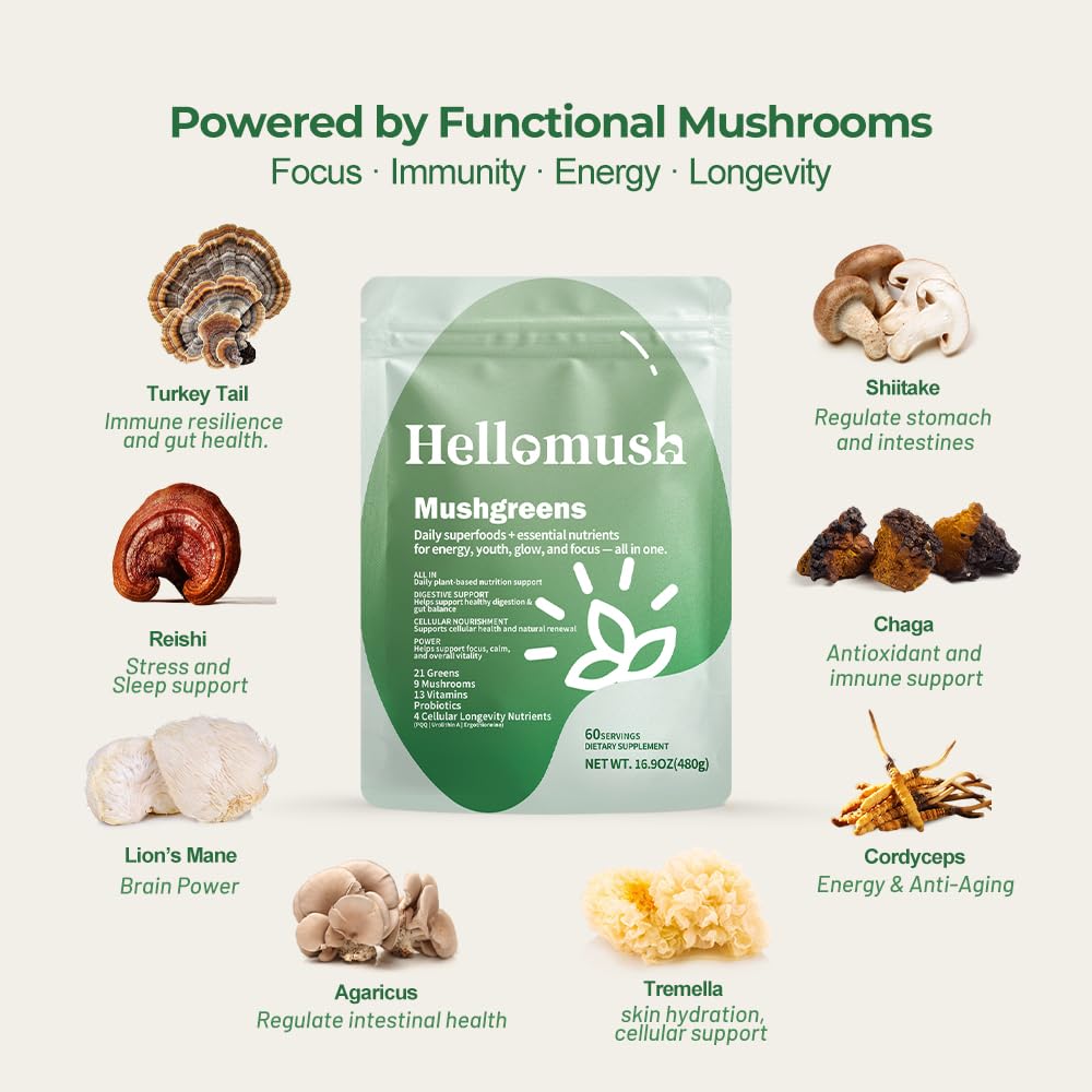 Hellomush Super Greens Powder Superfood, Daily Green Powder Supplement with Probiotics Drink Mix for Men & Women, Blend of Greens, Mushrooms, Vitamins, Probiotics and Cellular Nutrients Hellomush buy supplements canada