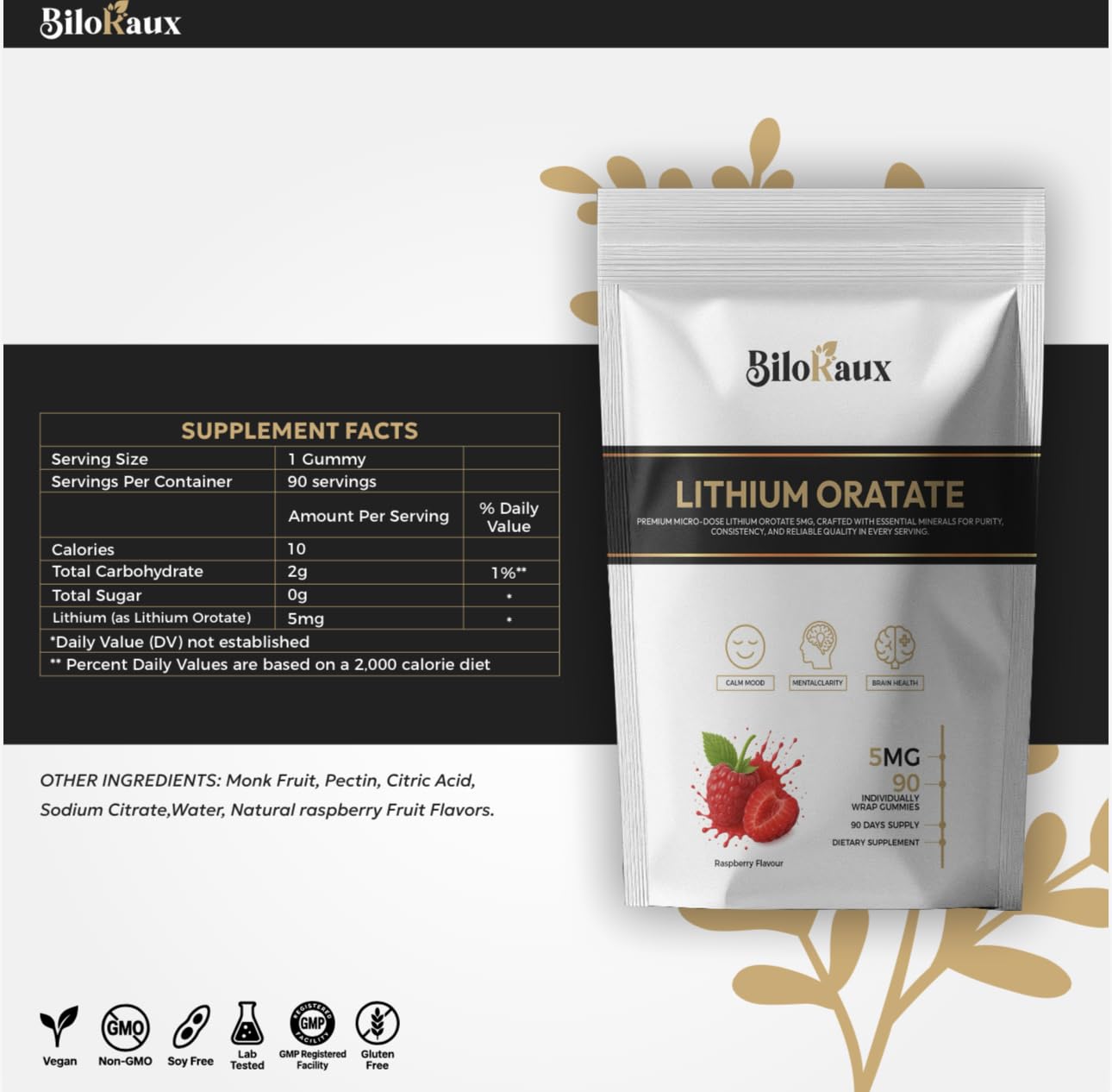 BiloRaux Lithium Orotate 5mg Gummies – Premium Microdose Lithium Supplement for Calm Balance & Focus – Natural Raspberry Flavour – 90 Vegan Gummies BiloRaux buy supplements canada