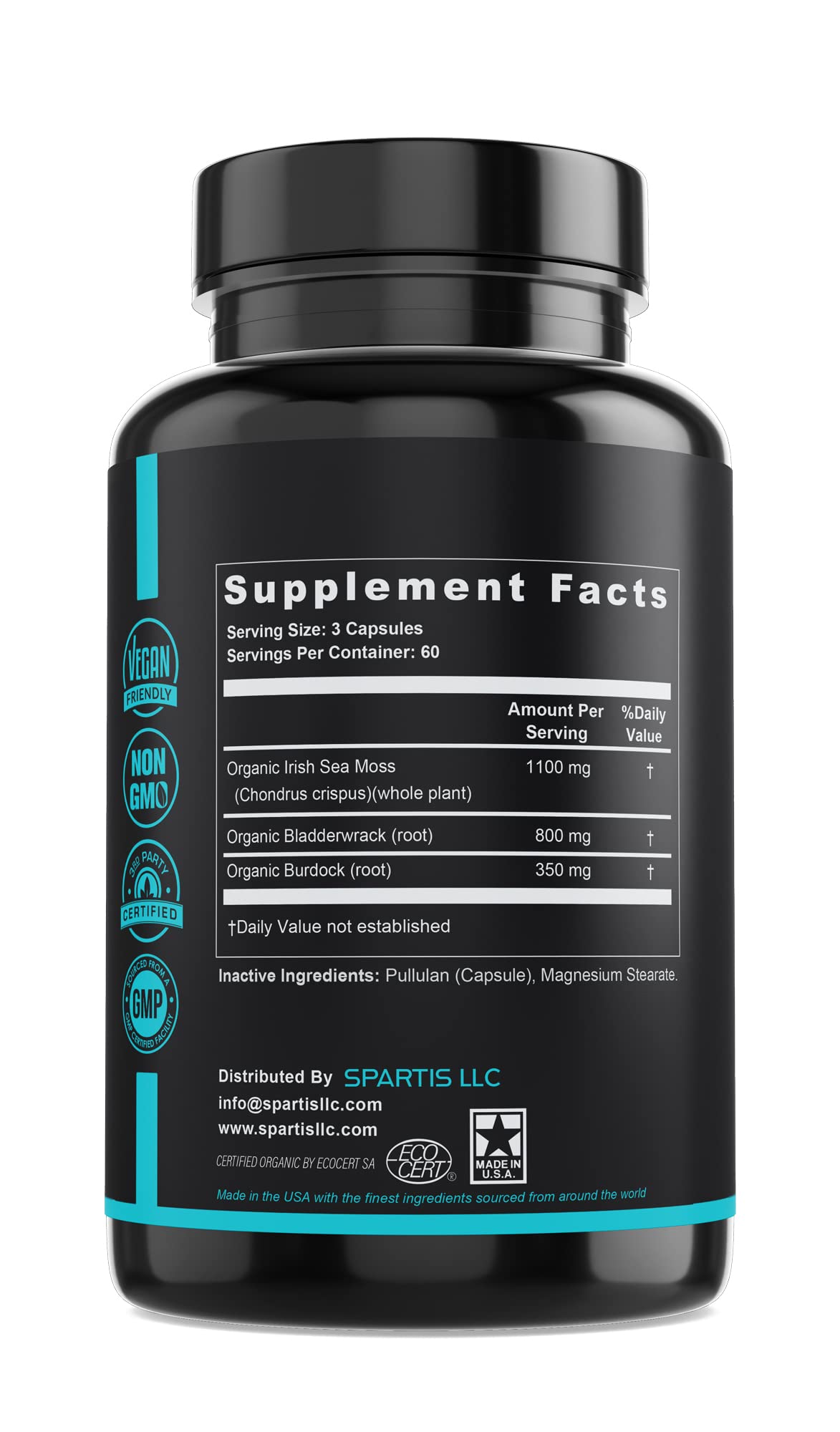 SPARTIS Certified Organic Sea Moss Capsules 2250mg Wildcrafted Irish Sea Moss Burdock Root Bladderwrack Supplement Raw Seamoss Pills & Powder (Pack of 1 at 180-Caps) SPARTIS buy supplements canada