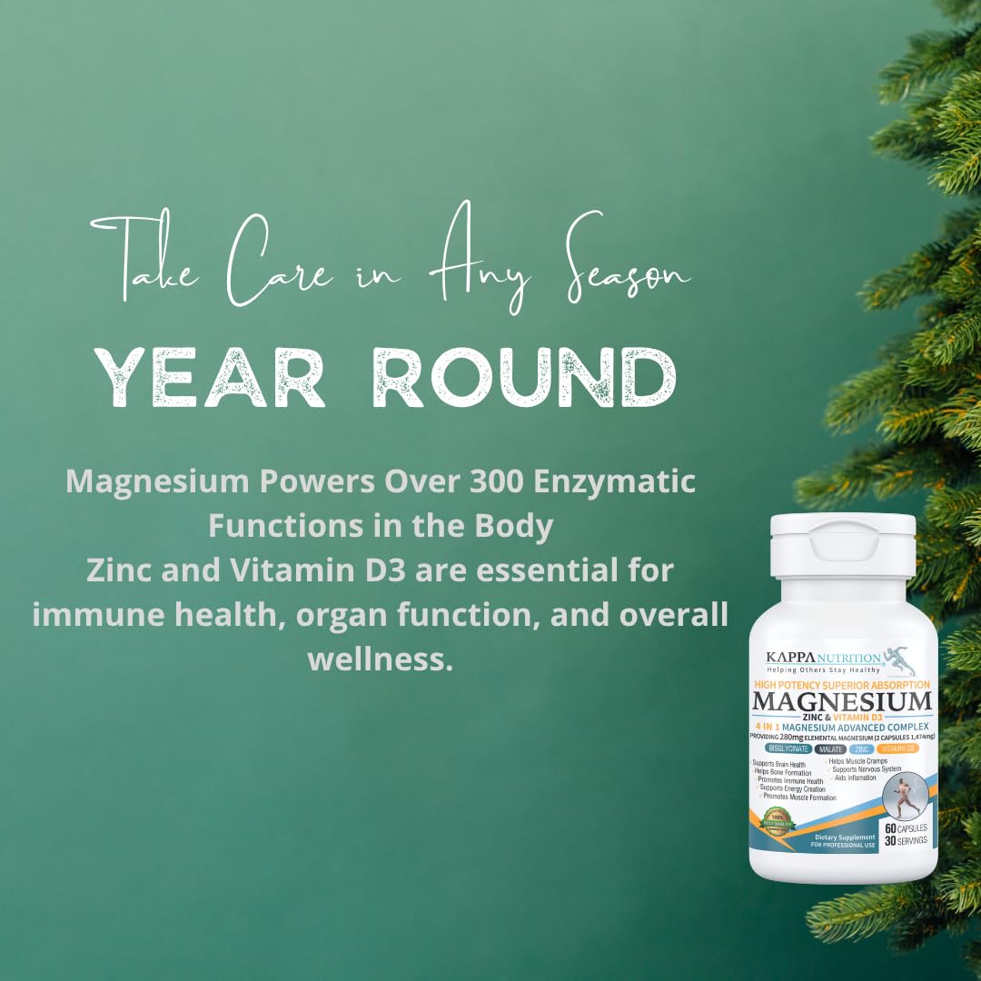 Kappa Nutrition Magnesium 4-in-1, 280mg Elemental Magnesium (Bisglycinate, Malate) + Zinc & Vitamin D3, Brain, Sleep, Energy, Muscle, Immune Support, 60 Vegan Capsules. KAPPA NUTRITION buy supplements canada