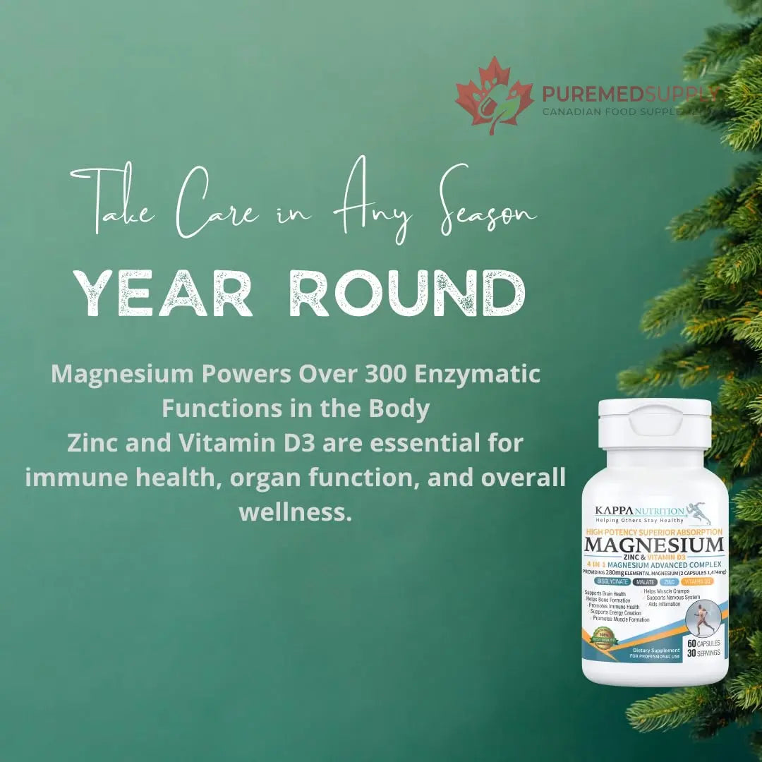Kappa Nutrition Magnesium 4-in-1, 280mg Elemental Magnesium (Bisglycinate, Malate) + Zinc & Vitamin D3, Brain, Sleep, Energy, Muscle, Immune Support, 60 Vegan Capsules. KAPPA NUTRITION buy supplements canada