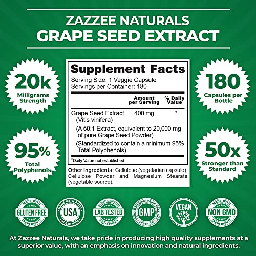 Zazzee High Strength Grape Seed 50:1 Extract, 20,000 mg Strength, 180 Vegan Capsules Zazzee buy supplements canada