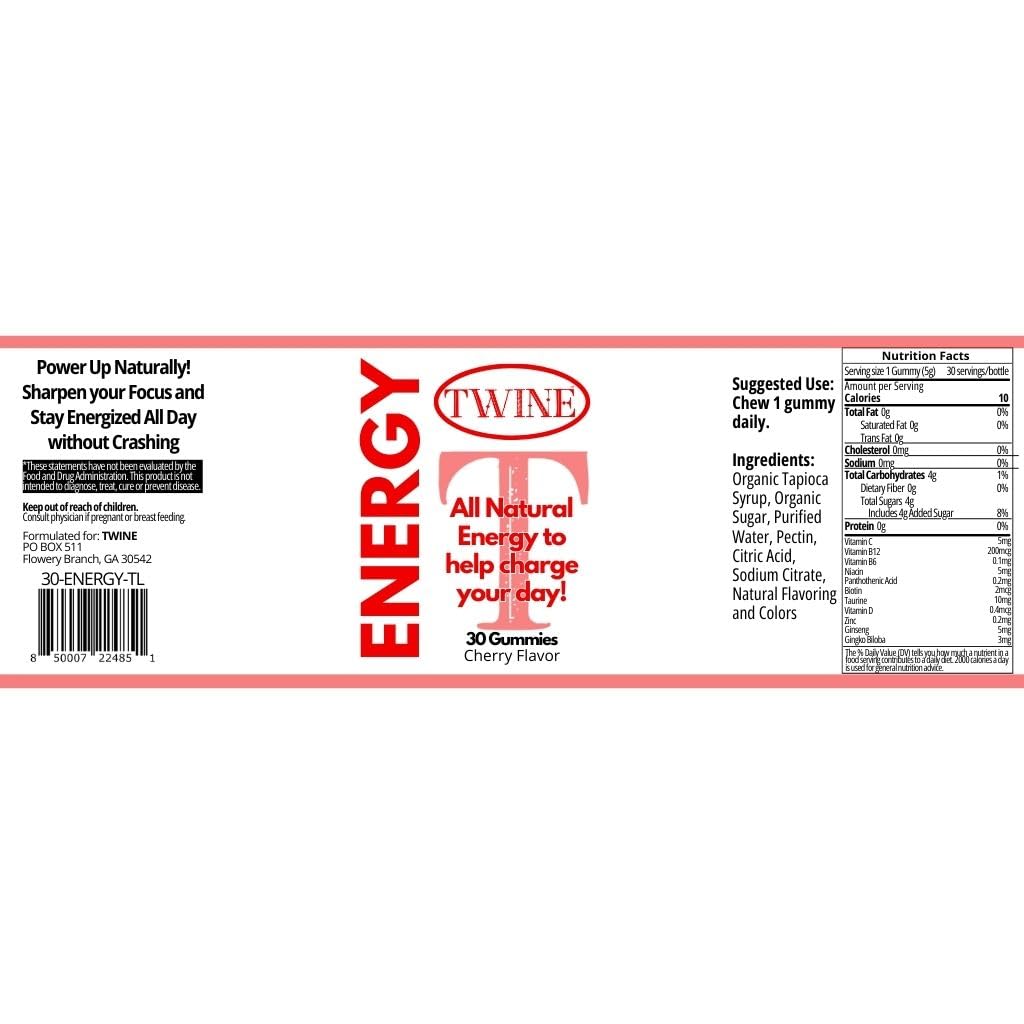 Energy Gummies with Vitamin B12, Ginseng & Ginkgo Biloba – Includes Biotin, Niacin, Taurine, Zinc, Pantothenic Acid, Vitamin C, D & B6 – 30 Count TWINE buy supplements canada