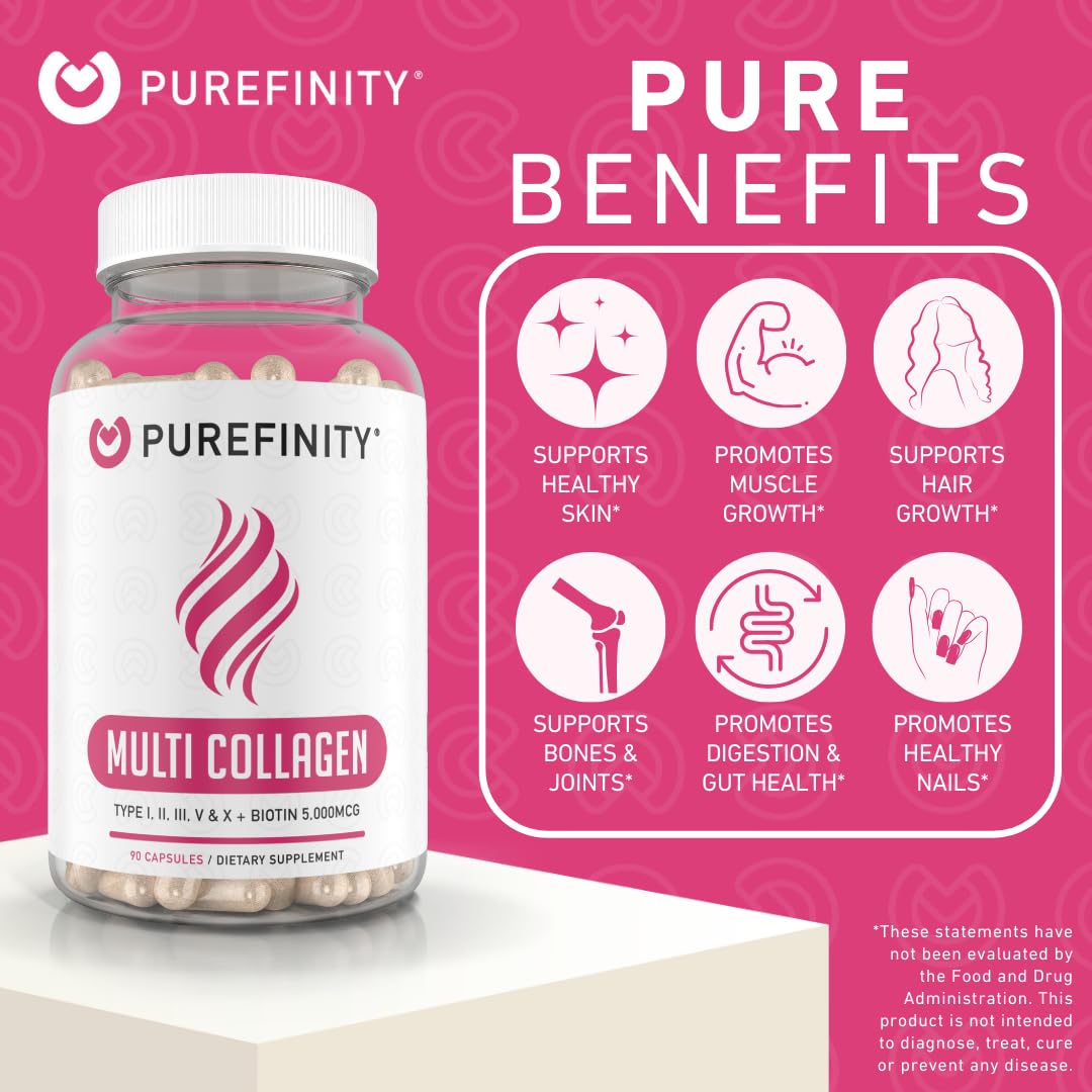 PUREFINITY Collagen Peptides for Women – Type I, II, III, V & X with Biotin & Hyaluronic Acid, Supports Healthy Skin, Bones, Hair & Nails – Non-GMO, Grass-Fed (90 Capsules, 1 Month Supply) PUREFINITY buy supplements canada