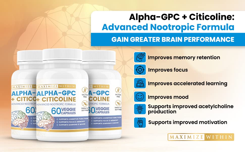 Maximize Within Alpha GPC + Citicoline 60 Ct, 1600mg Concentrated Formula- 99%+Highly Purified & Bioavailable Nootropic-Cognitive Enhancer, Supports Memory, Brain Function, Boosts Focus, Mood & Energy Maximize Within buy supplements canada