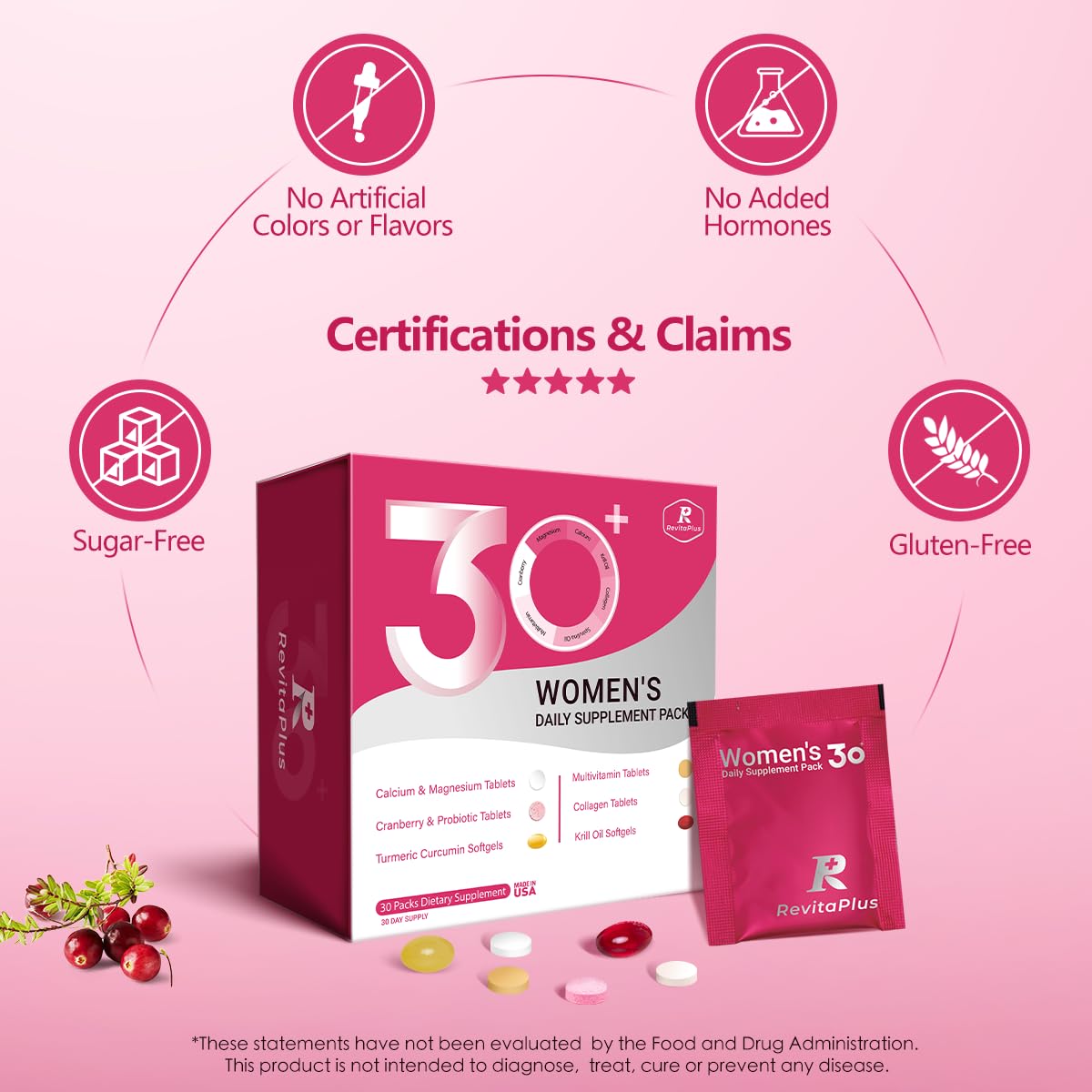 RevitaPlus Multivitamin for Women with Vitamin A,B,C,D3,E,K2,Biotin, Collagen,Krill Oil,Cranberries Supports Energy,Wellness,Beauty and Immune - Vitamin Packs for Women Health 30 Packs RevitaPlus buy supplements canada