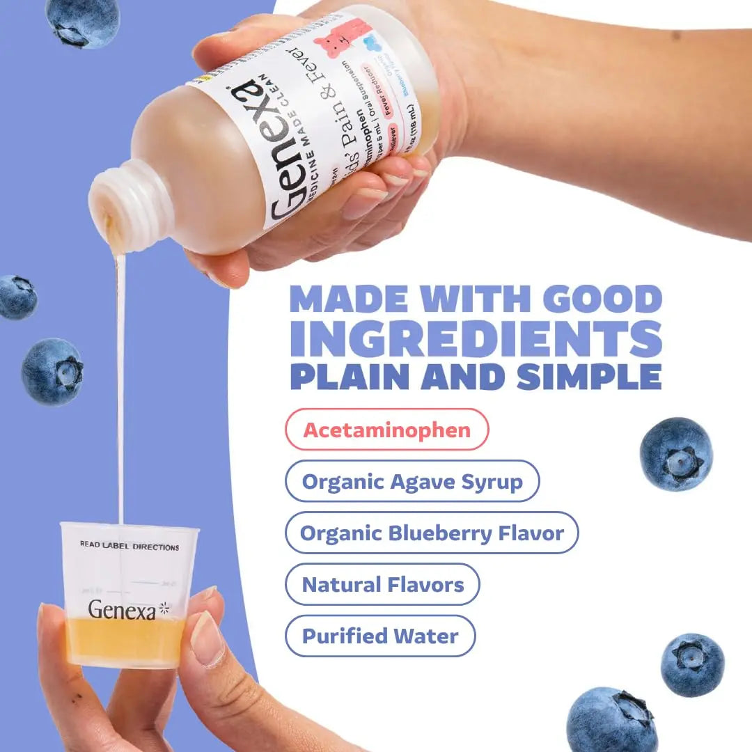 Genexa Children's Clean Acetaminophen | Pediatrician Preferred Ingredients | Pain & Fever Reducer for Kids | Dye Free, 0% Artificial Additives | Ages 2-11, Delicious Organic Blueberry Liquid, 4 fl oz Genexa buy supplements canada
