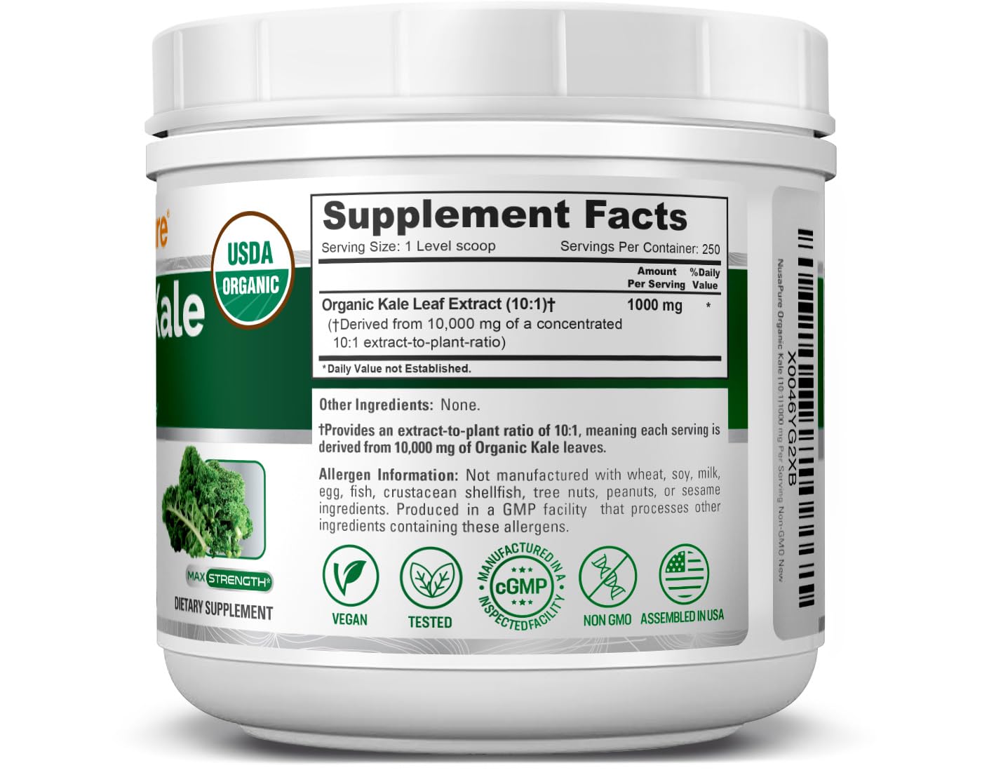 NusaPure Organic Kale Powder Extract 10:1 - Suitable for Vegetarian/Vegan, Non- GMO - 10,000 mg - 250 Capsules NusaPure buy supplements canada