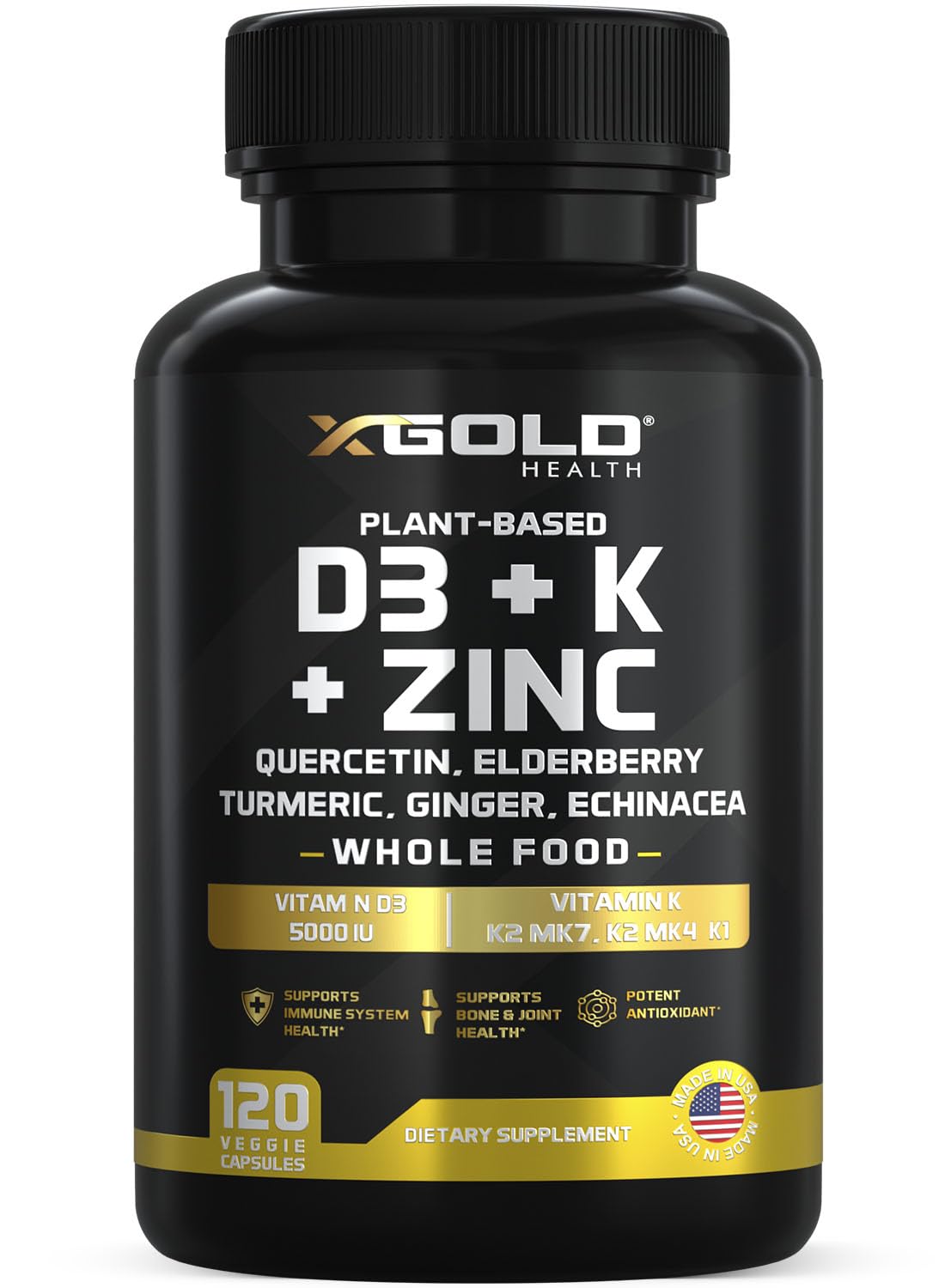 Vitamin D, K2, K1, Zinc, Quercetin, Elderberry, Turmeric, Ginger & Echinacea Whole Food Supplement 8 in 1- D3 5000 IU Plant-Based from Lichen, Vitamin K (K2 MK7, MK4, K1) X Gold Health buy supplements canada
