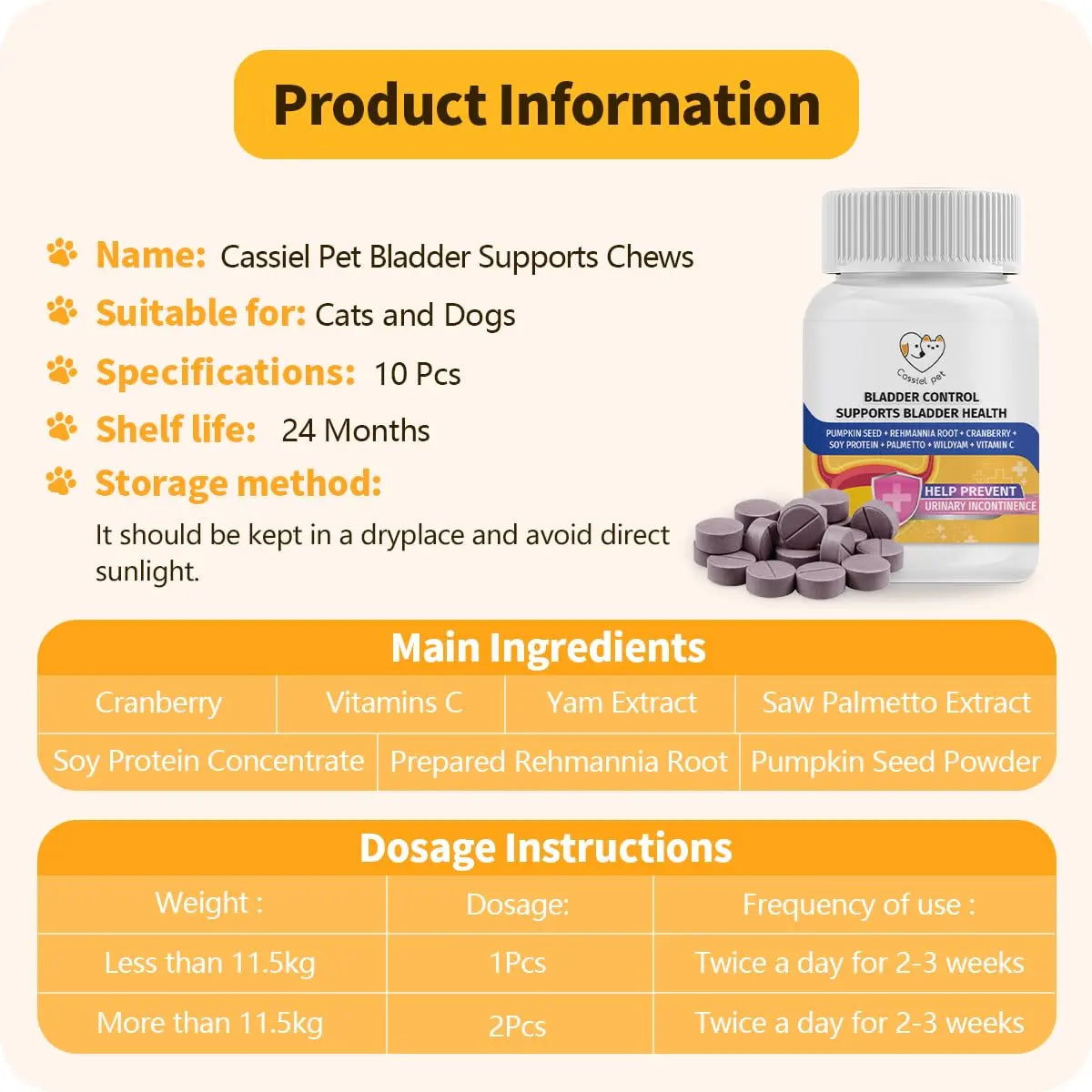 Cassiel Pet Bladder Supports Chews for Urinary Tract Health, Infection Treatments, Bladder Health, Dog UTI, Bladder Stones, Incontinence Support, Urinary Pain Relief for Cat & Dog 10 Chews (1 Bottle) Cassiel pet buy supplements canada