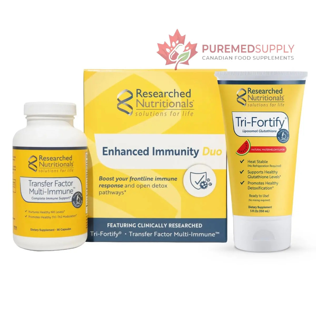 Researched Nutritionals Liposomal Glutathione (450mg) + Colostrum & Mushrooms Supplement for Immunity - Enhanced Immunity Duo - Tri-Fortify Watermelon + Transfer Factor Multi-Immune (2 Piece Set) Researched Nutritionals buy supplements canada