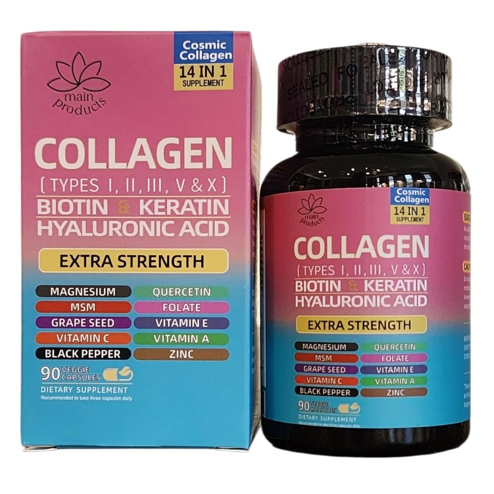 Collagen Peptides Types I, II, III, V & X, 64000 MCG, 14 in 1, Biotin, Keratin, Hyaluronic Acid, Magnesium, MSM, Grape Seed, Vitamin A C & E, Black Pepper, Quercetin, Folate, Zinc (90 Veggie Caps) Main Products buy supplements canada