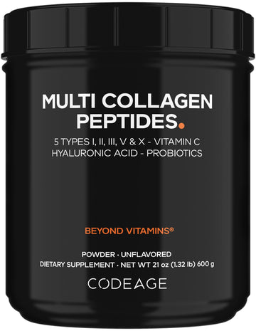 Codeage Multi Collagen Peptides + Probiotics Black Edition, Vitamin C, Hyaluronic Acid Powder Supplement, Grass-Fed, Pasture-Raised, Hydrolyzed, Zero Carbs, Type I, II, III, V & X, Unflavored, 21oz Codeage buy supplements canada