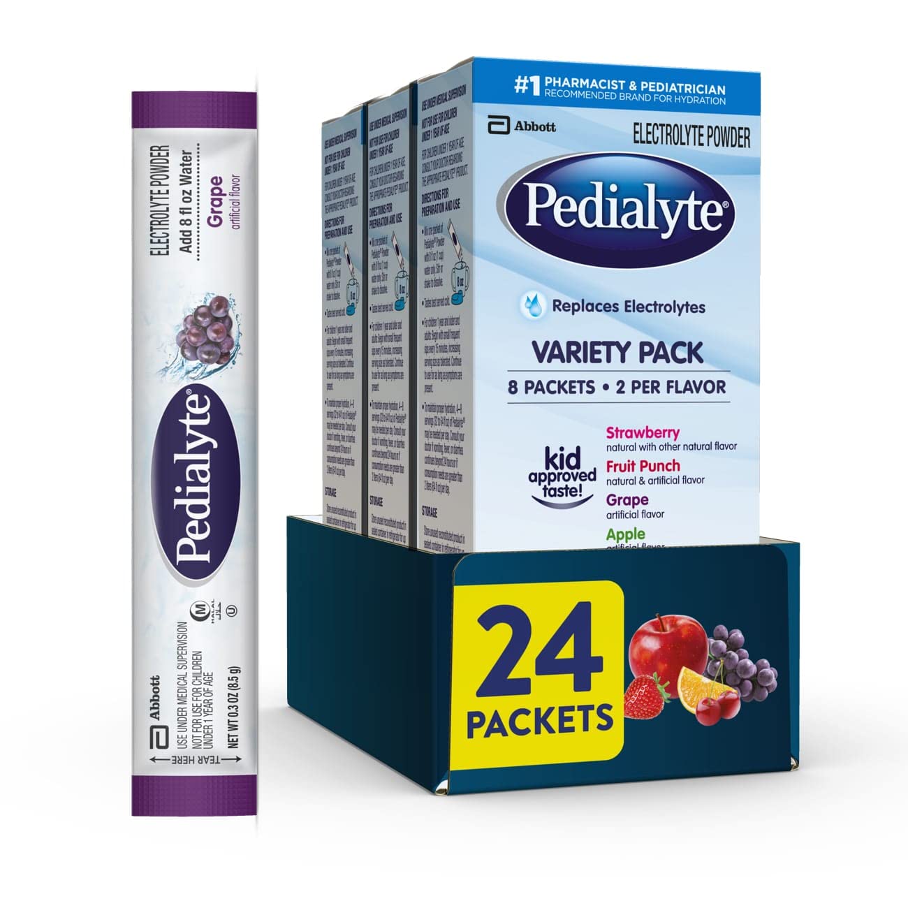 Pedialyte Electrolyte Powder, Hydration Drink for Kids & Adults, Variety Pack: Strawberry, Fruit Punch, Grape, and Apple, 24 Powder Packets Pedialyte buy supplements canada