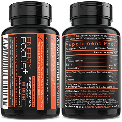 200mg Caffeine Pills - MCT Oil from 100% Coconuts + 100mg L-Theanine, Advanced Energy SmarterVitamins buy supplements canada