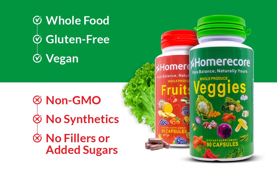 HOMERECORE Whole Food Fruits & Veggies Supplement Plant-Based, Vegan, Gluten-Free, Soy-Free No Fillers Natural Superfoods Boost Energy & Immune System for Men & Women 90 Fruit & 90 Veggie Capsules HOMERECORE buy supplements canada