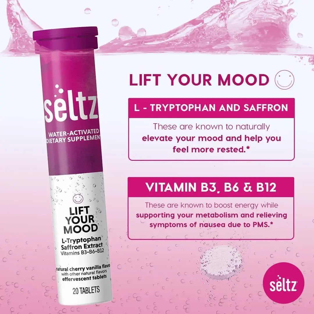 Seltz® Lift Your Mood – Effervescent Vitamins for Mood Support & Energy with L-Tryptophan, Saffron Extract & B Vitamins (B3, B6, B12) Seltz buy supplements canada