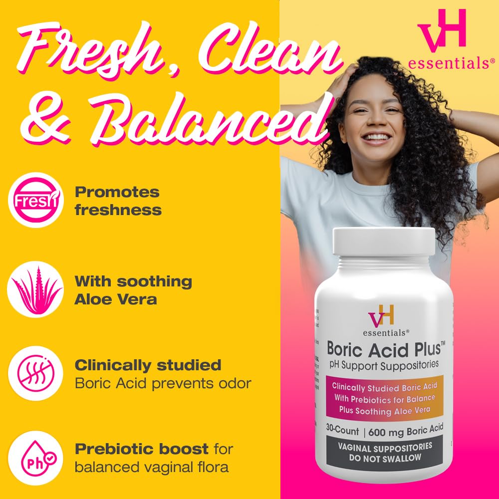 vH Essentials Boric Acid Plus Vaginal Suppositories, Prebiotic Infused with Soothing Aloe Vera, pH Support Formula Fights Odor and Promotes Freshness, 600mg Boric Acid, 30 Count vH essentials buy supplements canada