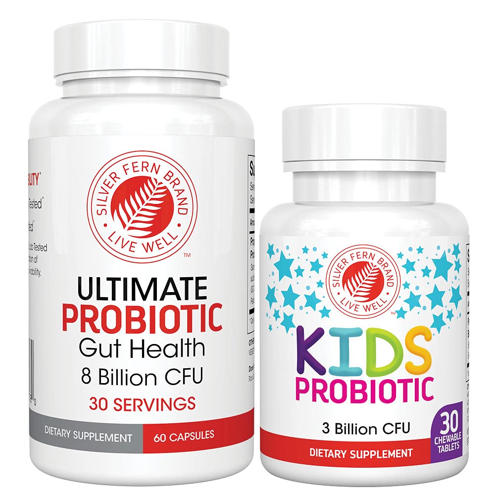 Silver Fern Brand Family Probiotics - Ultimate Adult Probiotic (1 Bottle = 60 Capsules) Plus Ultimate Children's Probiotic for Kids (1 Bottle = 30 Chewables) - Gut Health & Microbiome Support Silver Fern buy supplements canada
