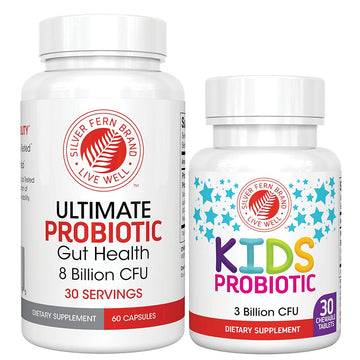 Silver Fern Brand Family Probiotics - Ultimate Adult Probiotic (1 Bottle = 60 Capsules) Plus Ultimate Children's Probiotic for Kids (1 Bottle = 30 Chewables) - Gut Health & Microbiome Support Silver Fern buy supplements canada