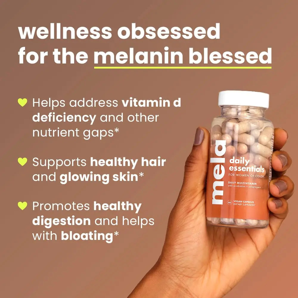 Mela Daily Essentials Multivitamin for Melanated Women - High-Dose Vitamin D3 and B12, Probiotics, Lion's Mane, Ceylon Cinnamon Mela buy supplements canada