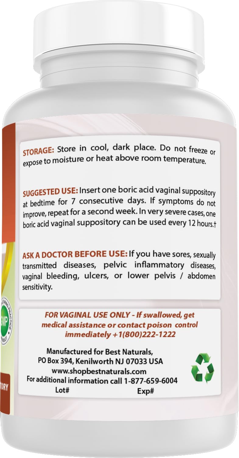 Best Naturals Boric Acid Vaginal Suppositories - Made in USA - USP Medical Grade Fine Powder, Easy Dissolve, Third Party Tested - 60 Count Best Naturals buy supplements canada