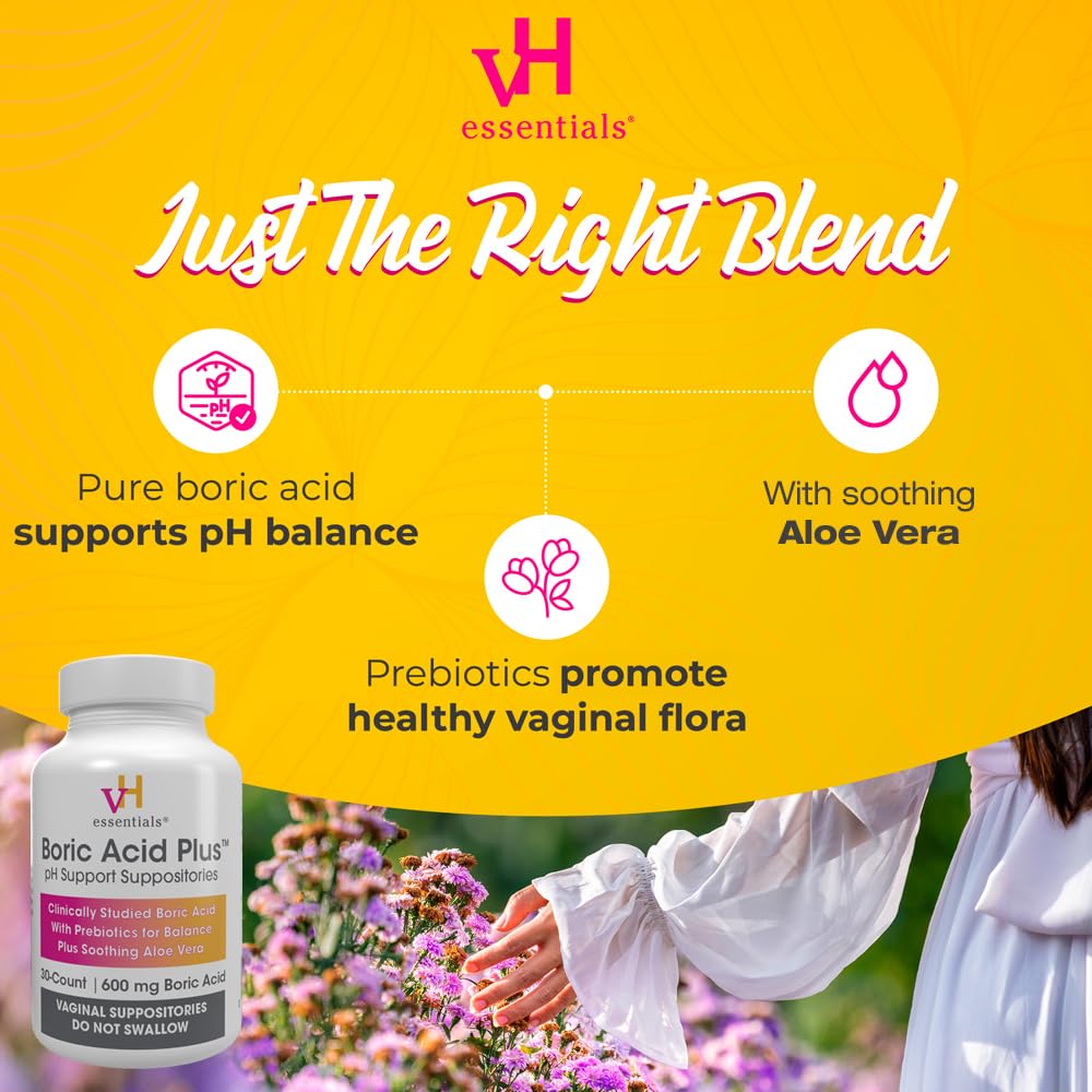 vH Essentials Boric Acid Plus Vaginal Suppositories, Prebiotic Infused with Soothing Aloe Vera, pH Support Formula Fights Odor and Promotes Freshness, 600mg Boric Acid, 30 Count vH essentials buy supplements canada