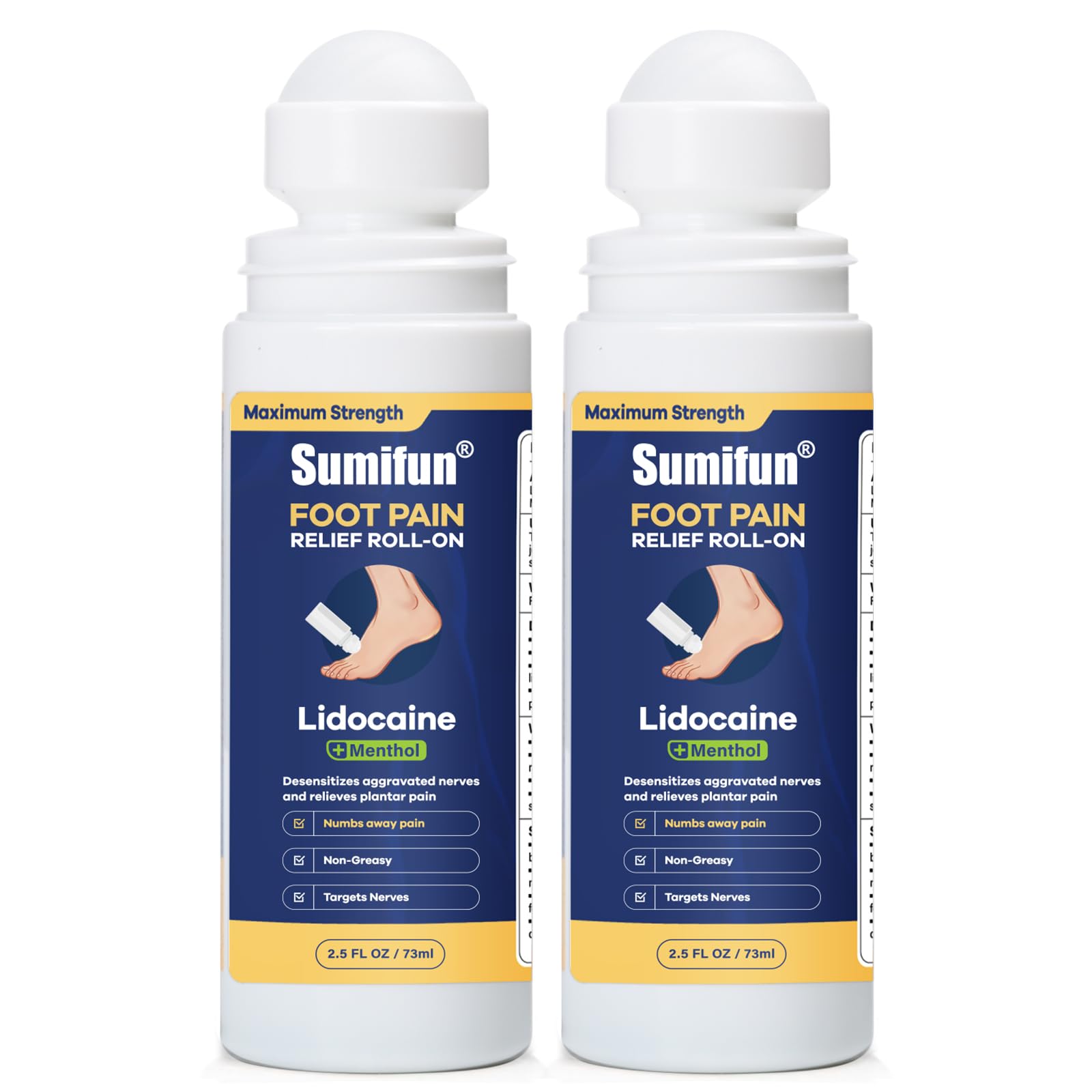 Sumifun Foot Pain Relief Lidocaine Roll-On - Maximum Strength OTC for Plantar Fasciitis & Heel Pain - Fast-Drying, Non-Greasy Formula, 2.5 Fl Oz * 2 Sumifun buy supplements canada
