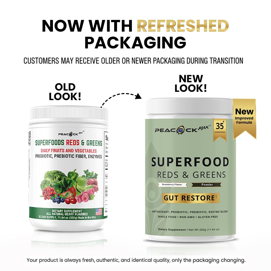 Superfood Reds & Greens Powder - 11.64 oz, Prebiotics & Probiotics for Digestive Health, Super Greens Powder with Ashwagandha for Gut Health, Immunity, Antioxidants, Peacock Max buy supplements canada