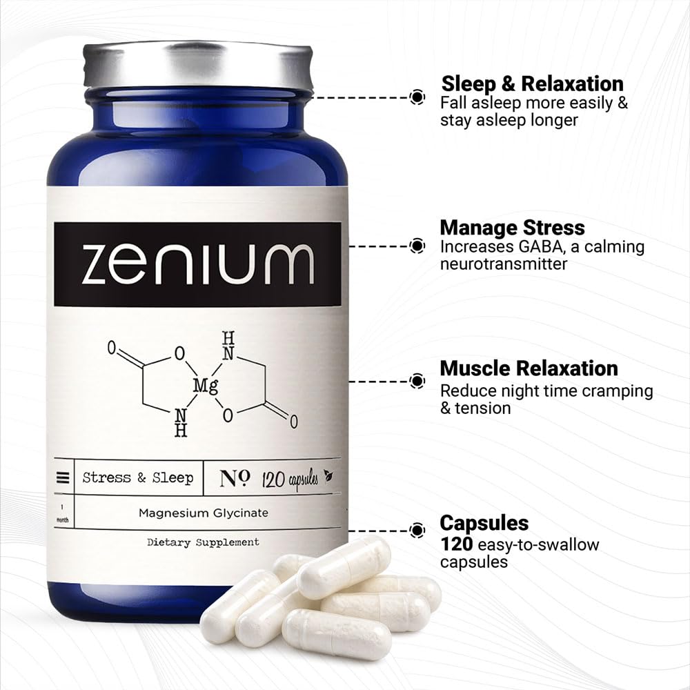 Zenium - Magnesium Glycinate for Sleep, Chelated, 600mg per Serving, 120 Capsules | High Absorption | Relieve Tension, Worry, Nervousness | Calm The Mind & Body | Ayurvedic | Natural Relief Supplement Zenium buy supplements canada