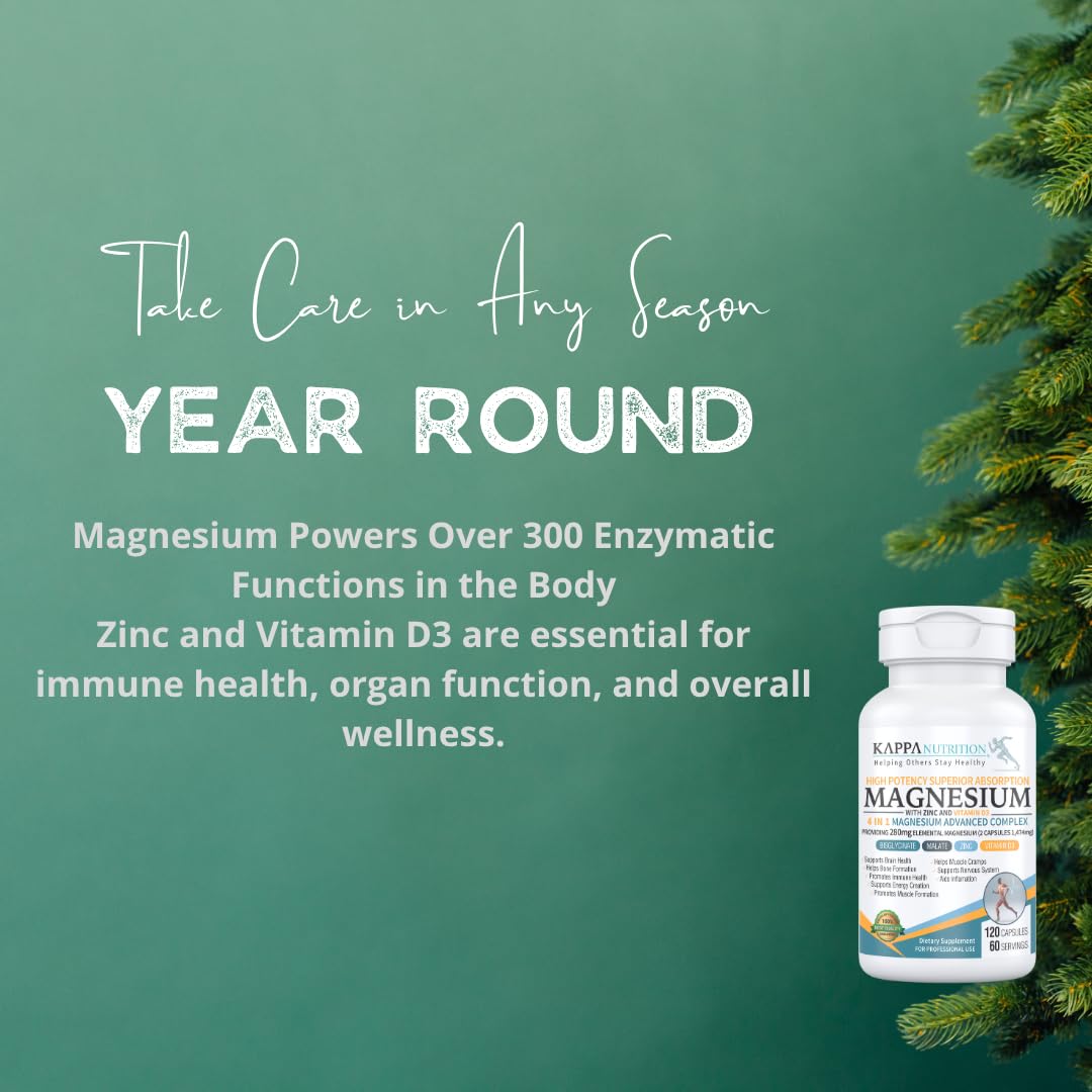 Kappa Nutrition Magnesium 4-in-1, 280mg Elemental Magnesium (Bisglycinate, Malate) + Zinc & Vitamin D3, Brain, Sleep, Energy, Muscle, Immune Support, 120 Vegan Capsules. KAPPA NUTRITION buy supplements canada