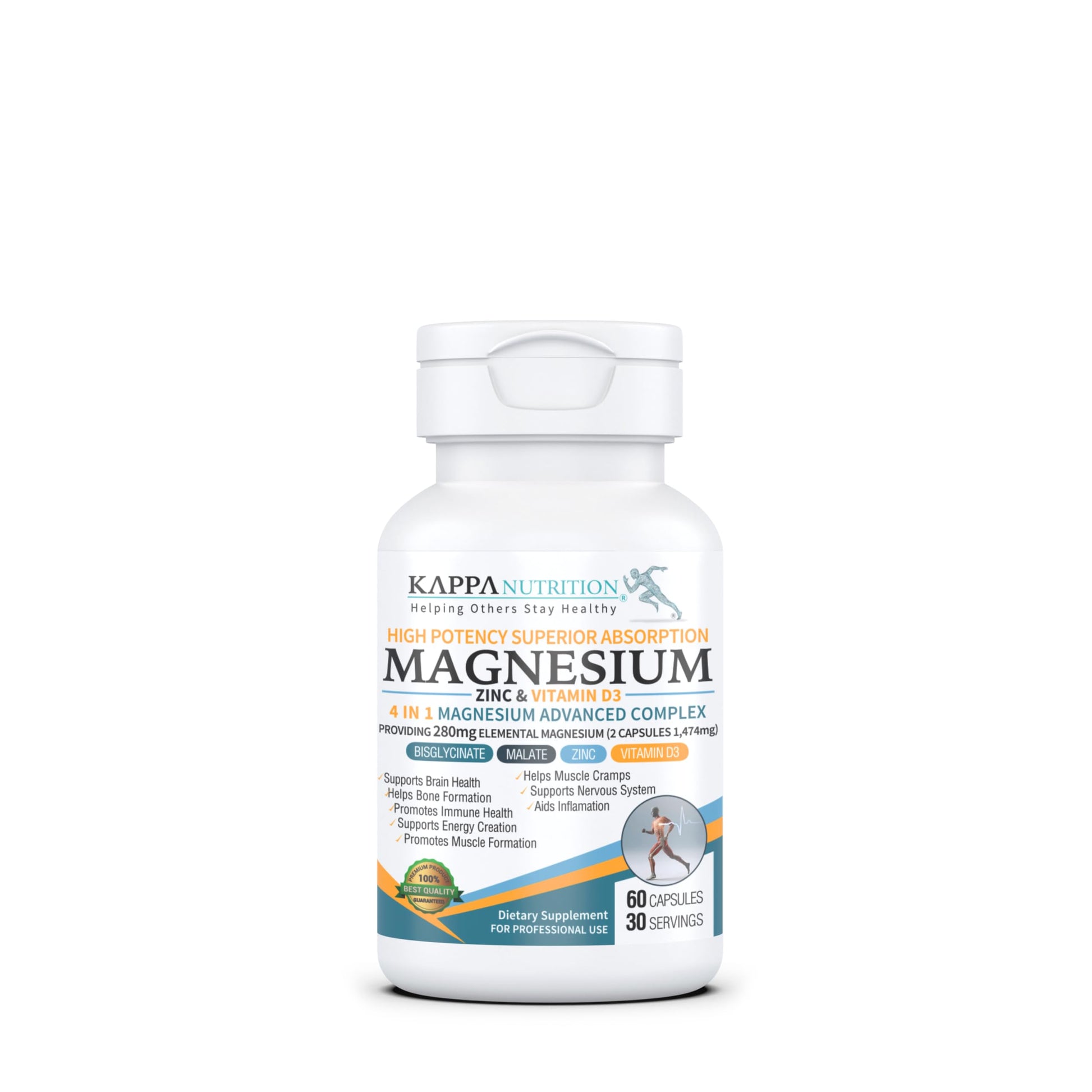 Kappa Nutrition Magnesium 4-in-1, 280mg Elemental Magnesium (Bisglycinate, Malate) + Zinc & Vitamin D3, Brain, Sleep, Energy, Muscle, Immune Support, 60 Vegan Capsules. KAPPA NUTRITION buy supplements canada