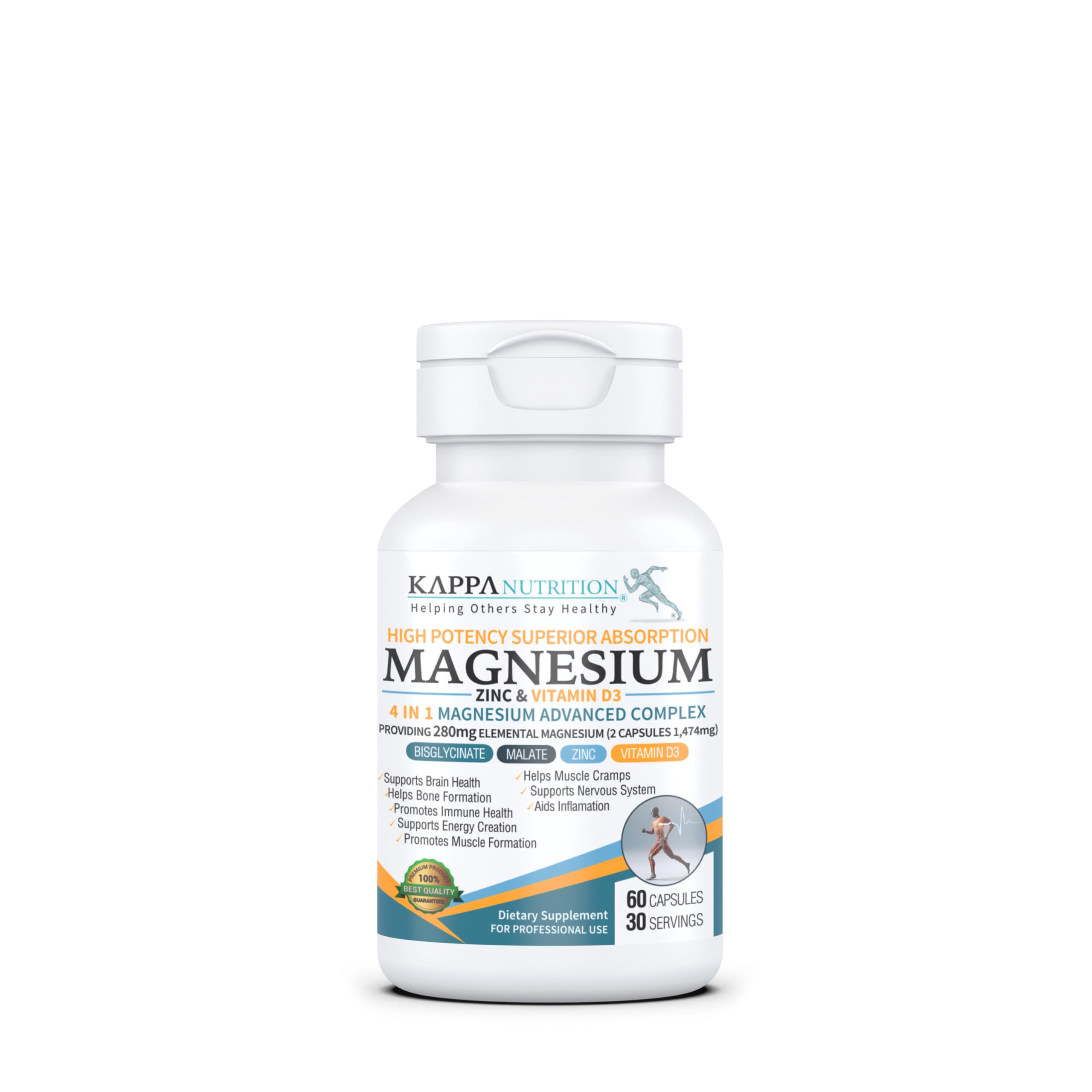 Kappa Nutrition Magnesium 4-in-1, 280mg Elemental Magnesium (Bisglycinate, Malate) + Zinc & Vitamin D3, Brain, Sleep, Energy, Muscle, Immune Support, 60 Vegan Capsules. KAPPA NUTRITION buy supplements canada