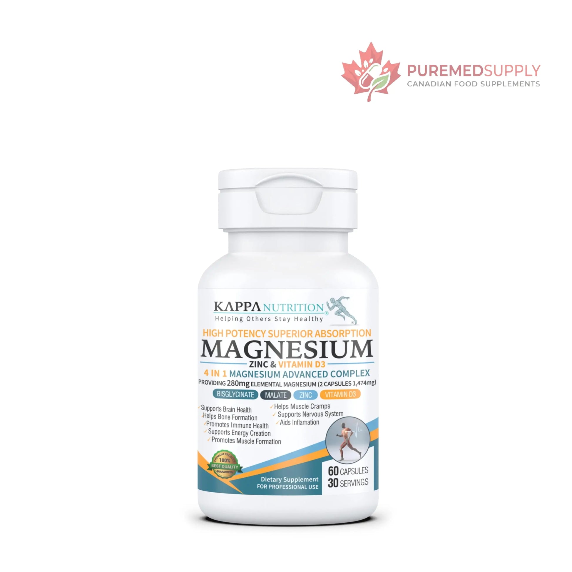 Kappa Nutrition Magnesium 4-in-1, 280mg Elemental Magnesium (Bisglycinate, Malate) + Zinc & Vitamin D3, Brain, Sleep, Energy, Muscle, Immune Support, 60 Vegan Capsules. KAPPA NUTRITION buy supplements canada