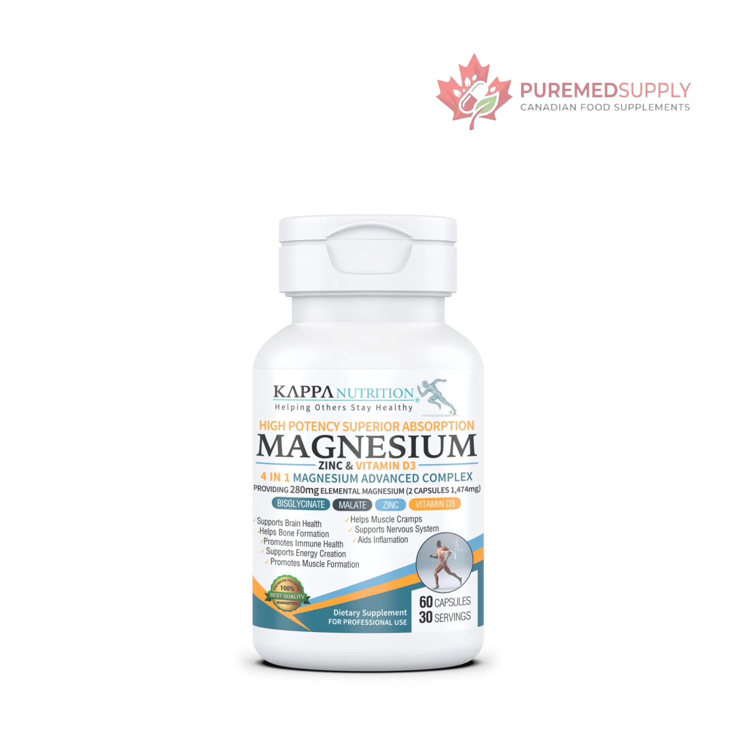 Kappa Nutrition Magnesium 4-in-1, 280mg Elemental Magnesium (Bisglycinate, Malate) + Zinc & Vitamin D3, Brain, Sleep, Energy, Muscle, Immune Support, 60 Vegan Capsules. KAPPA NUTRITION buy supplements canada