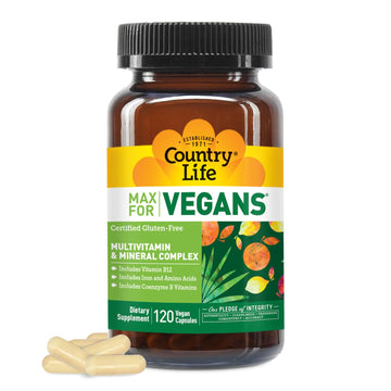 Country Life Max for Vegans - 120 Vegan Capsules - Daily Multivitamins - Immune Support Supplement - Contains Vitamin B12, Iron, Amino Acids, Coenzyme B Vitamins - Gluten-Free Country Life buy supplements canada