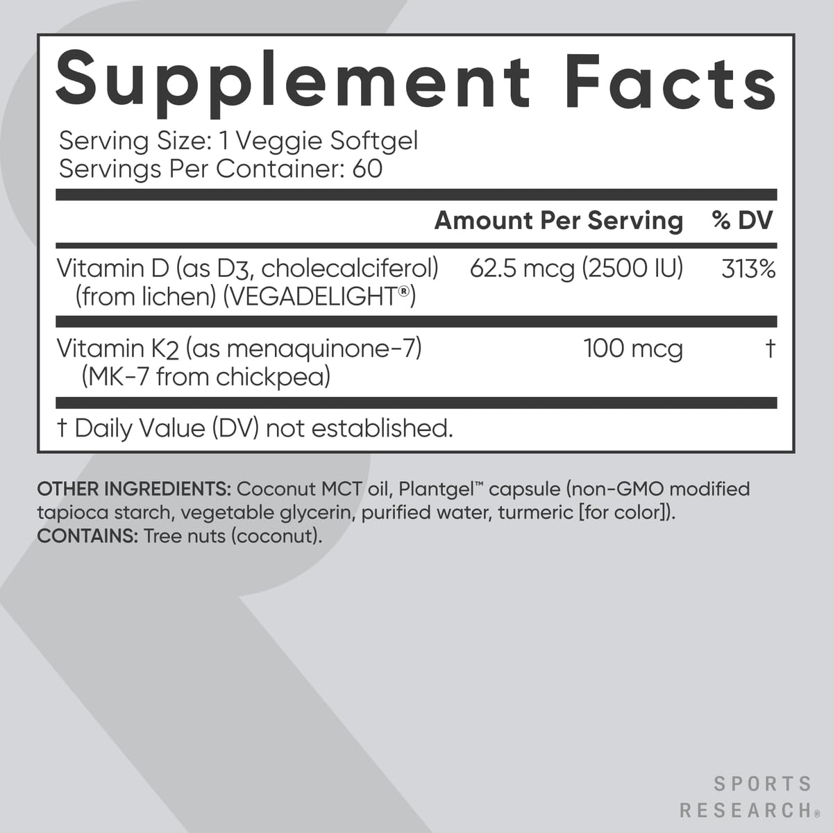 Sports Research® Vitamin D3 + K2 w/Coconut Oil - Vegan Vitamin D 2500iu (62.5mcg) & Mk7 Vitamin K 100mcg for Bone & Immune Support - Vegan Certified Sports Research buy supplements canada