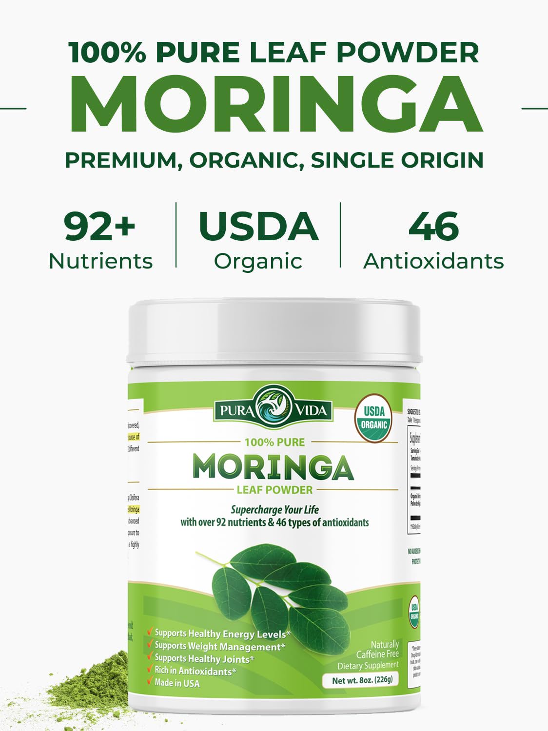 PURA VIDA MORINGA Organic Moringa Powder, Premium 100% Leaf Powder Single Origin - USDA Organic Moringa Oleifera Leaf PURA VIDA MORINGA buy supplements canada