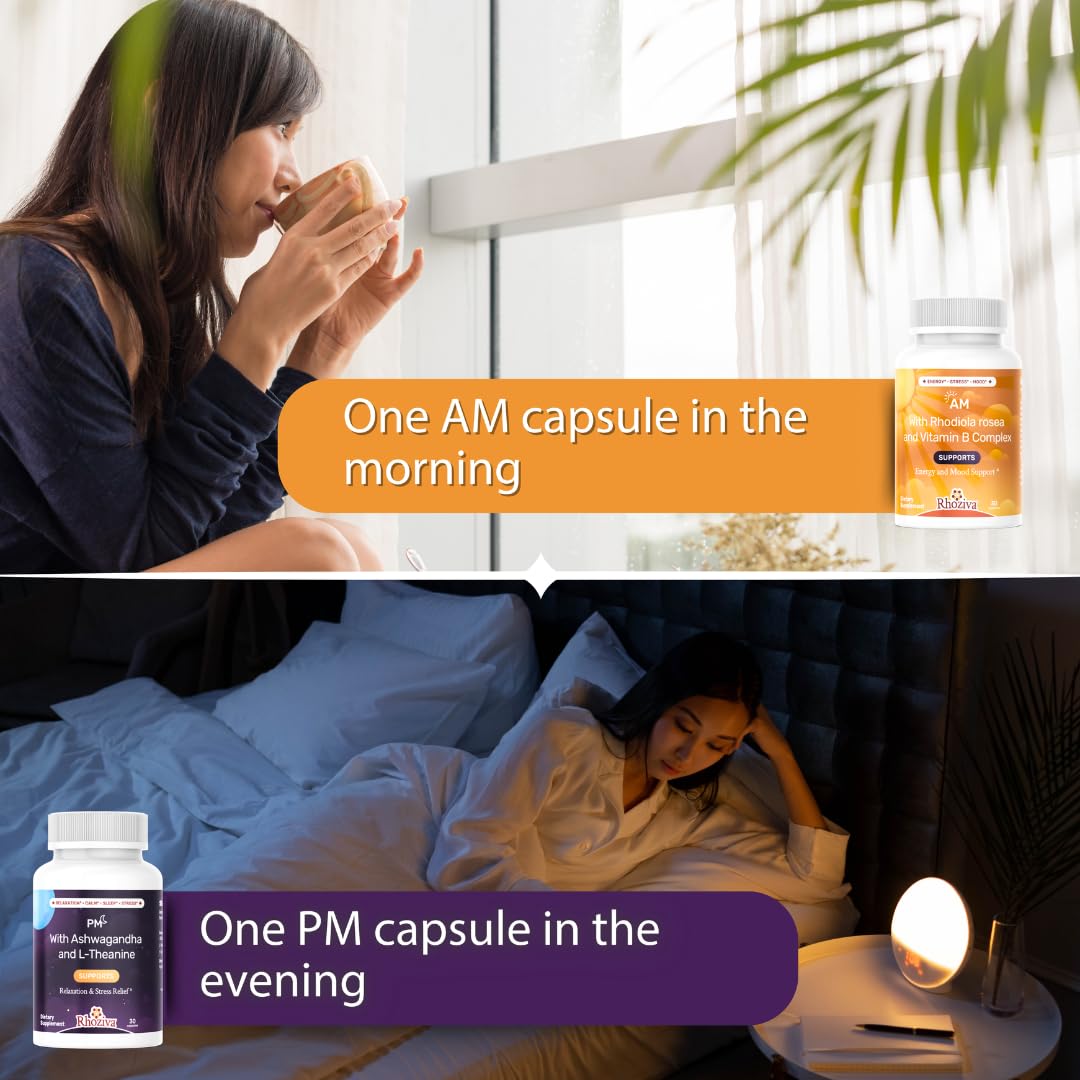 AM PM Multivitamin - Cortisol Supplements for Women and Men with L-Theanine, Ashwagandha - Rhodiola Rosea Supplement 200mg - Vitamin B Complex - Nootropics - Day and Night Vitamins for Women & Men Rhoziva buy supplements canada