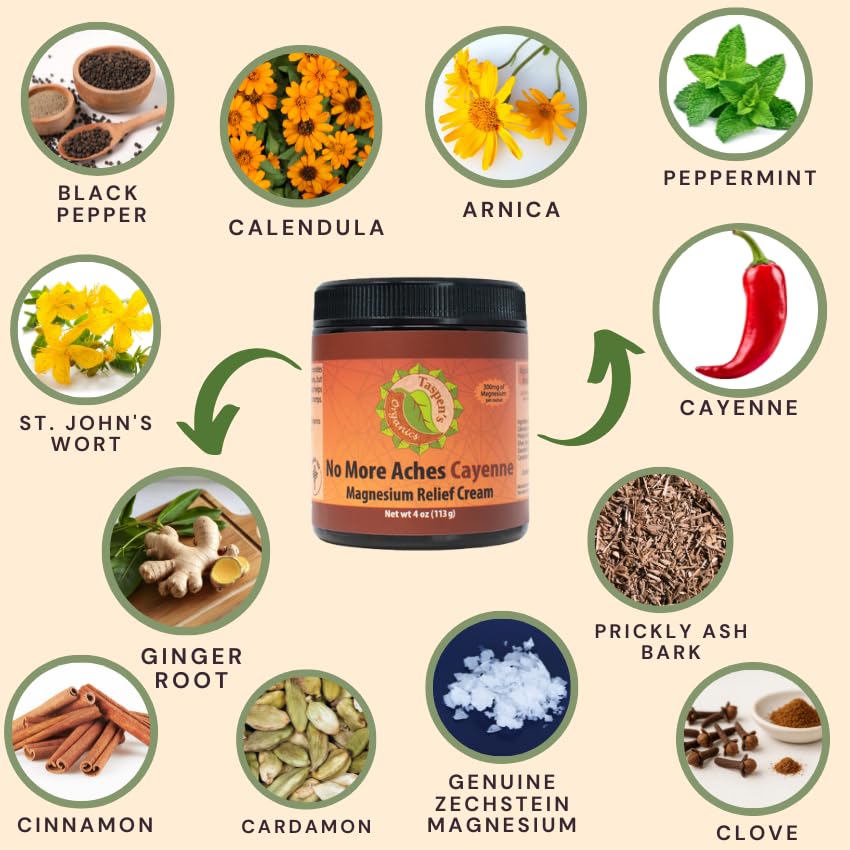 Taspen's Organics Magnesium No More Aches Cayenne Relief Cream – Pain, Tension & Nerve Comfort – Muscle Relief – Warming with Cayenne, Ginger, Arnica & St. John's Wort – Topical Fast Relief (1.7 oz) Taspen's Organics buy supplements canada