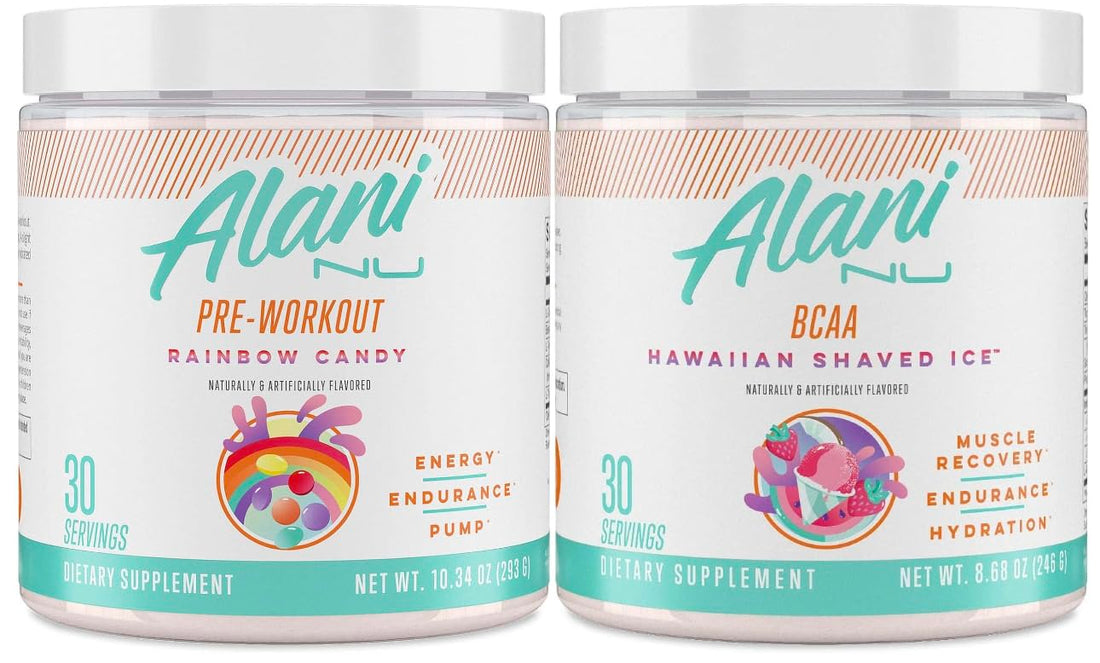Alani Nu Rainbow Candy Pre Workout and BCAA Hawaiian Shaved Ice Post Workout Powder Alani Nu buy supplements canada