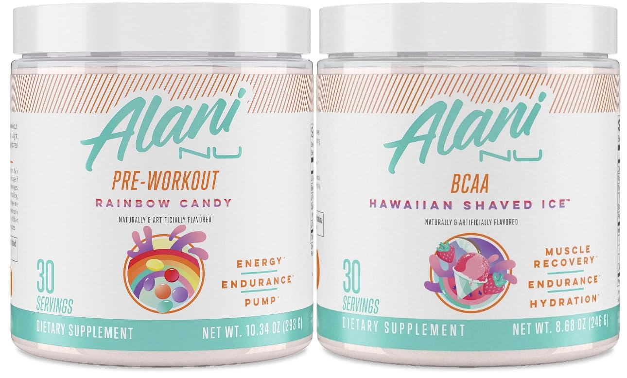 Alani Nu Rainbow Candy Pre Workout and BCAA Hawaiian Shaved Ice Post Workout Powder Alani Nu buy supplements canada
