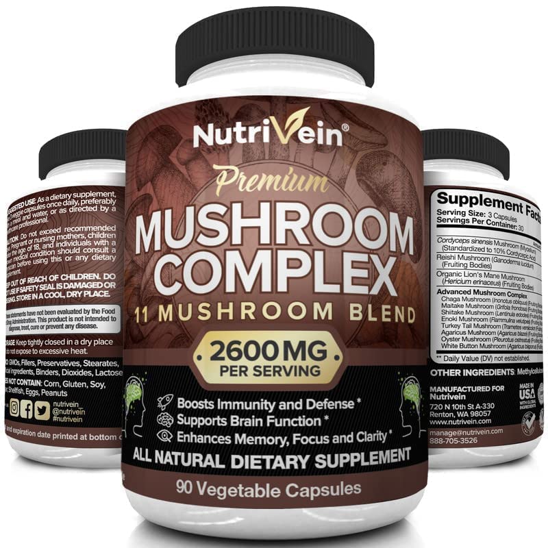 Nutrivein Mushroom Supplement - 2600mg - 90 Capsules - 11 Organic Mushrooms Nutrivein buy supplements canada