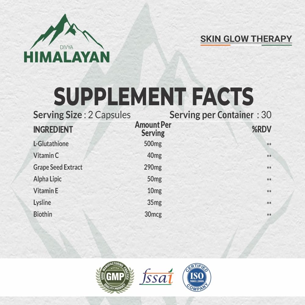 Divyhimalayan L-Glutathione 1000mg - 98% Pure Reduced Form with Vitamin C & ALA for Radiant Skin, Antioxidant & Immune Support - 60 Capsules Divya Himalayan buy supplements canada