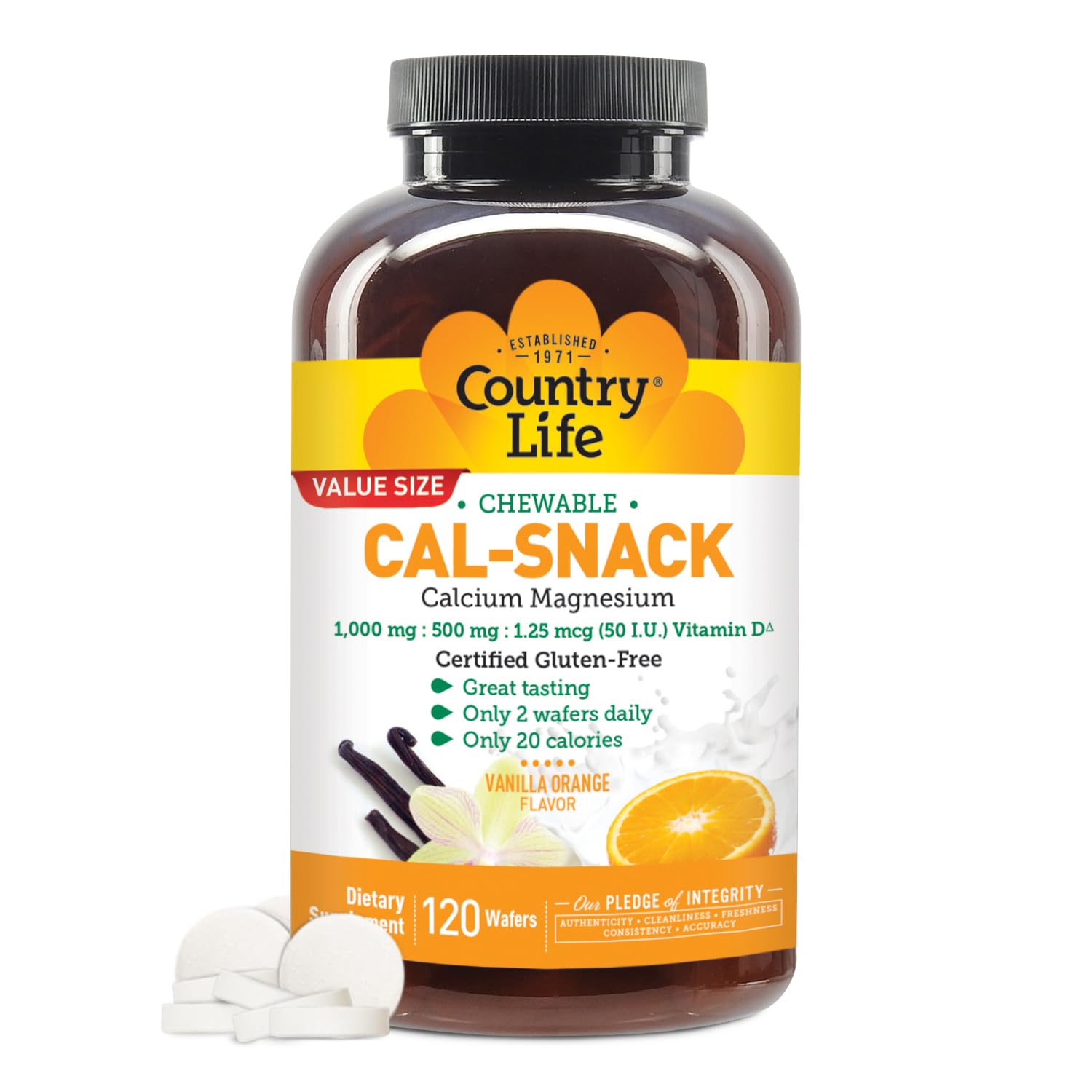 Country Life Cal-Snack - Chewable Calcium Magnesium Supplement wafers with Vitamin D3, Easy to Digest, Vanilla Orange Flavor, Dietary Supplement Country Life buy supplements canada