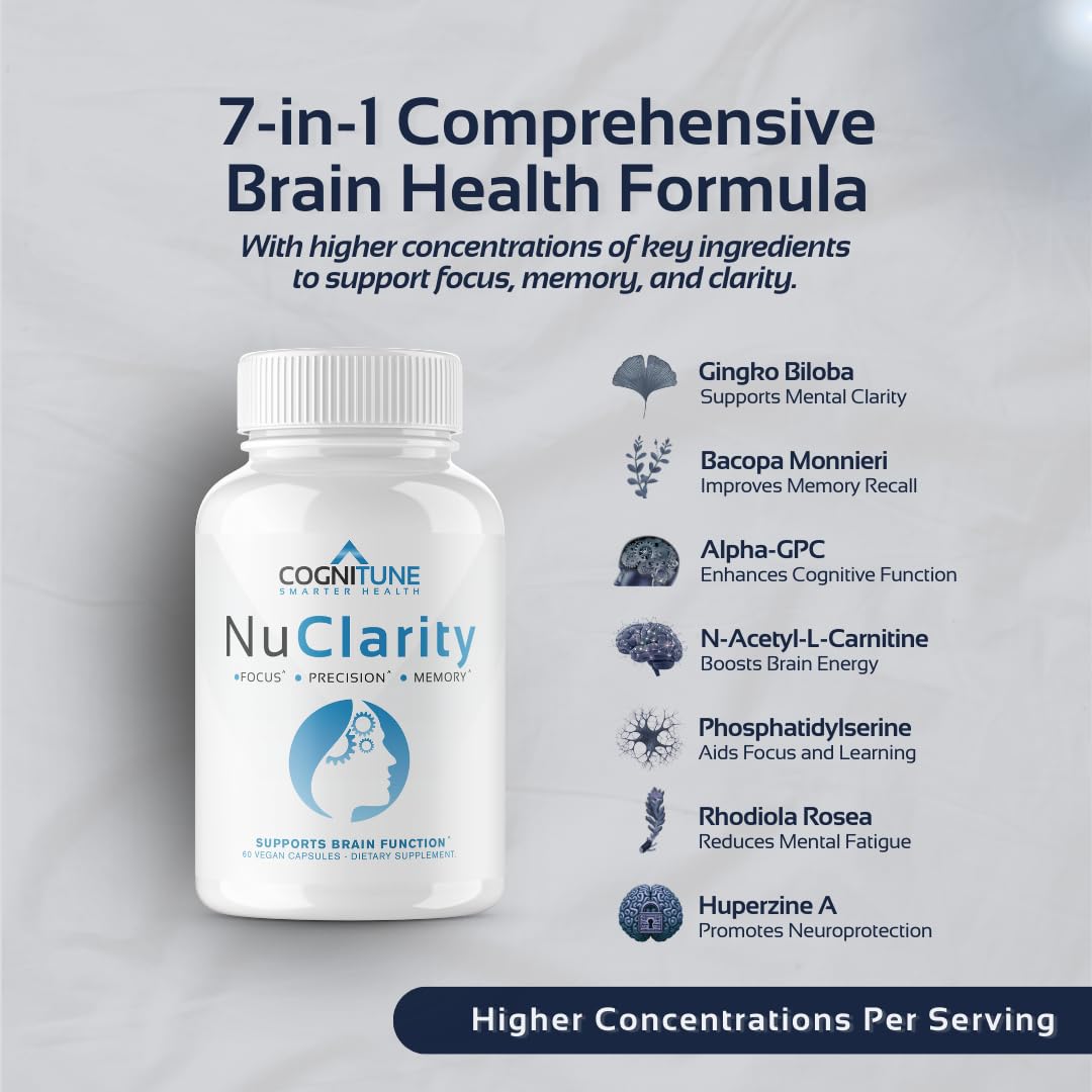 CogniTune NuClarity Brain Supplement for Memory and Focus - Caffeine-Free Nootropic for Mental Clarity Without Jitters - with Ginkgo Biloba, Bacopa Monnieri, Alpha-GPC for Cognitive Support CogniTune buy supplements canada