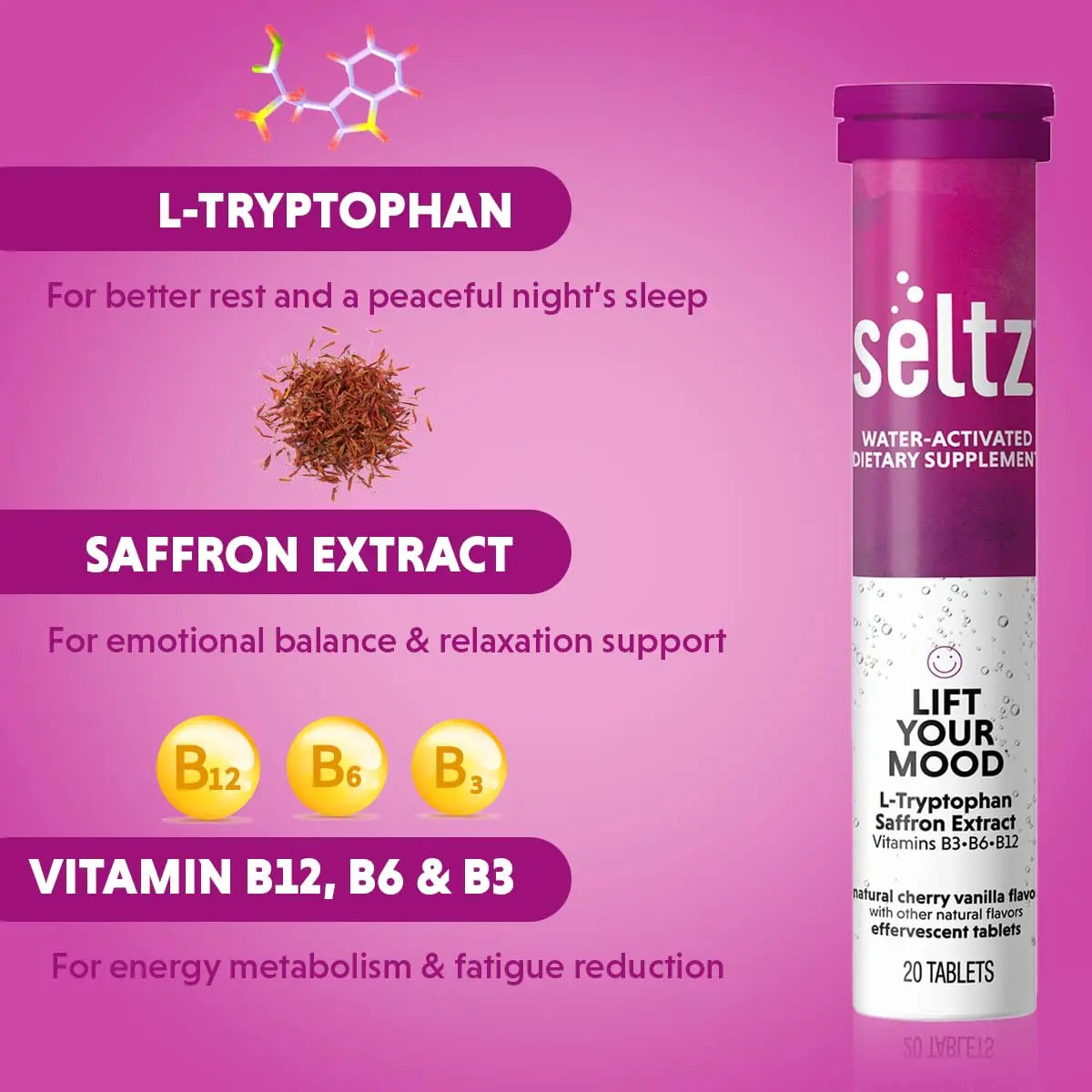 Seltz® Lift Your Mood – Effervescent Vitamins for Mood Support & Energy with L-Tryptophan, Saffron Extract & B Vitamins (B3, B6, B12) Seltz buy supplements canada