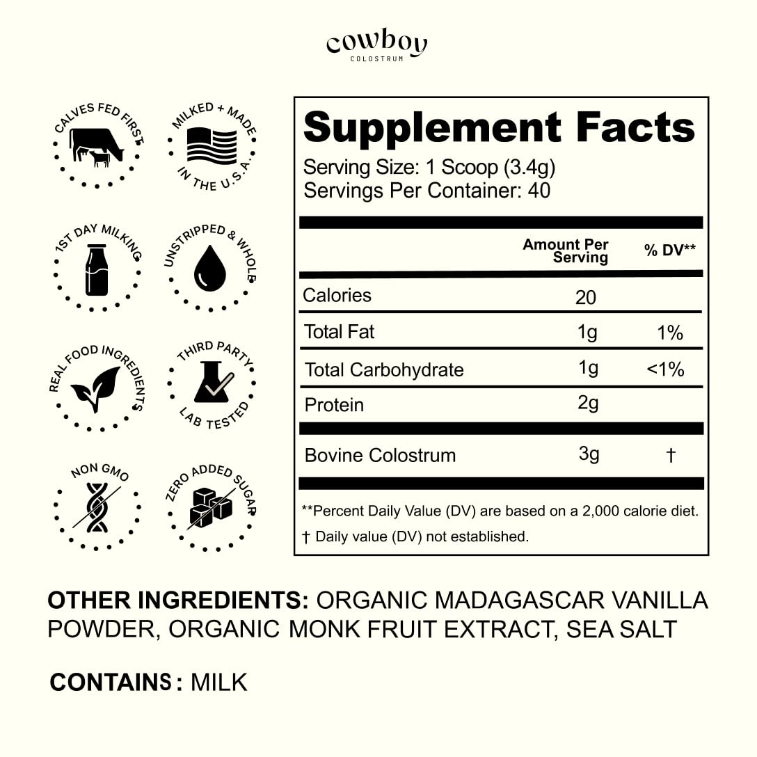 Cowboy - The Exclusive 1st Milking, Whole, Grass Fed Colostrum Supplement for Full Body Health - Bovine Colostrum Powder Packed w/Bioactive Nutrients - Sugar Free (Vanilla, 40 Servings) COWBOY COLOSTRUM buy supplements canada